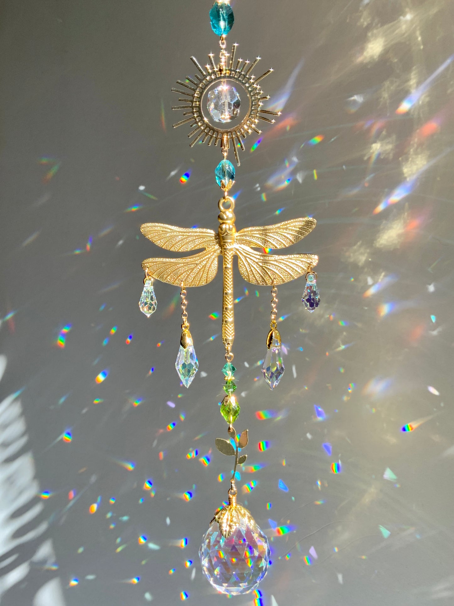 "Horizon" Dragonfly Crystal Ball Suncatcher, 18k Gold-Plated Sun Window Charm with ombré prisms
