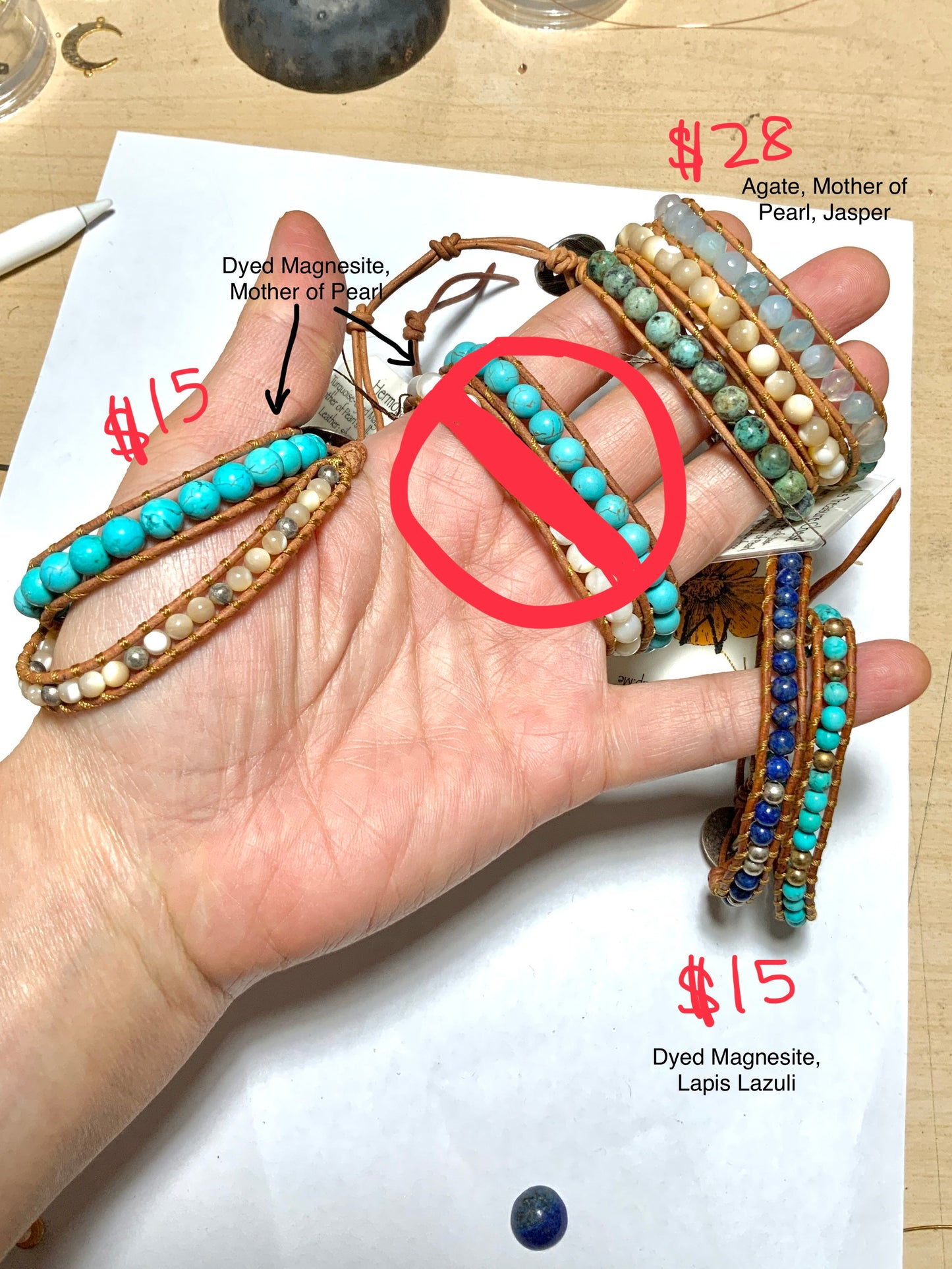 *Clearance* OG MargayB Gemstone Leatherwrap Bracelets, naturally dyed Leather made in USA