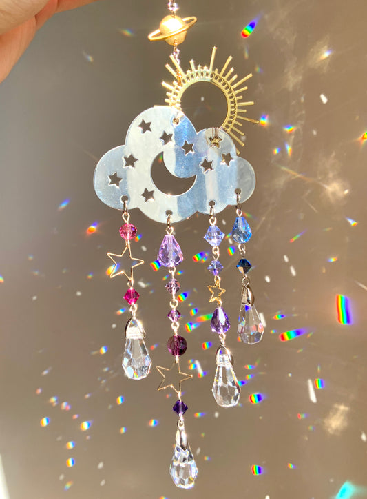 "Sunset Mist" Rain Cloud Car Charm ~ 18k Gold-Plated Sun with ombré Crystal prism Celestial Suncatcher