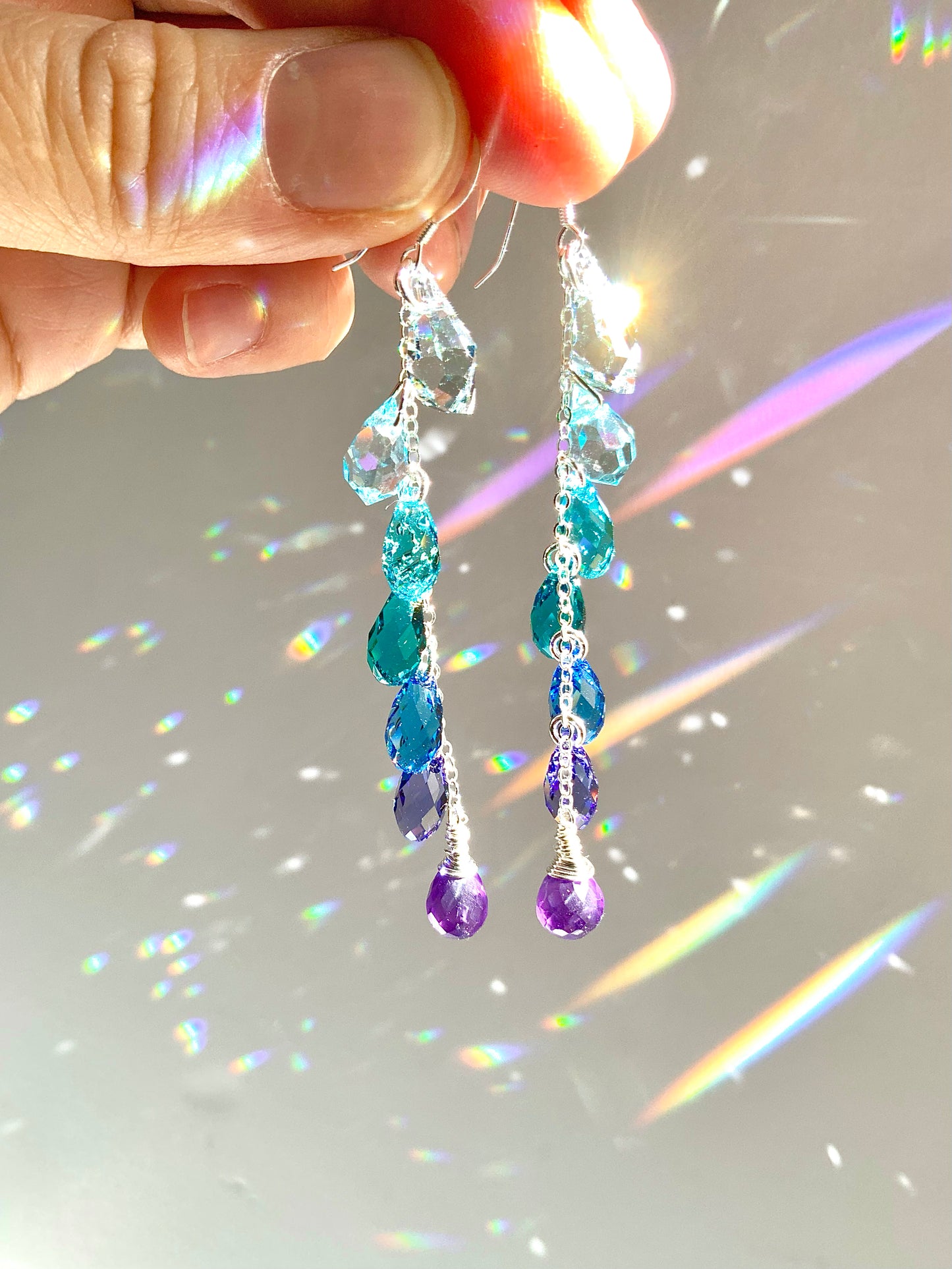 "Amethyst Lagoon" ~ *Luxe* Ombré Crystal Waterfall earrings with Super Rare Colors, Sterling Silver or 14k Gold-Filled