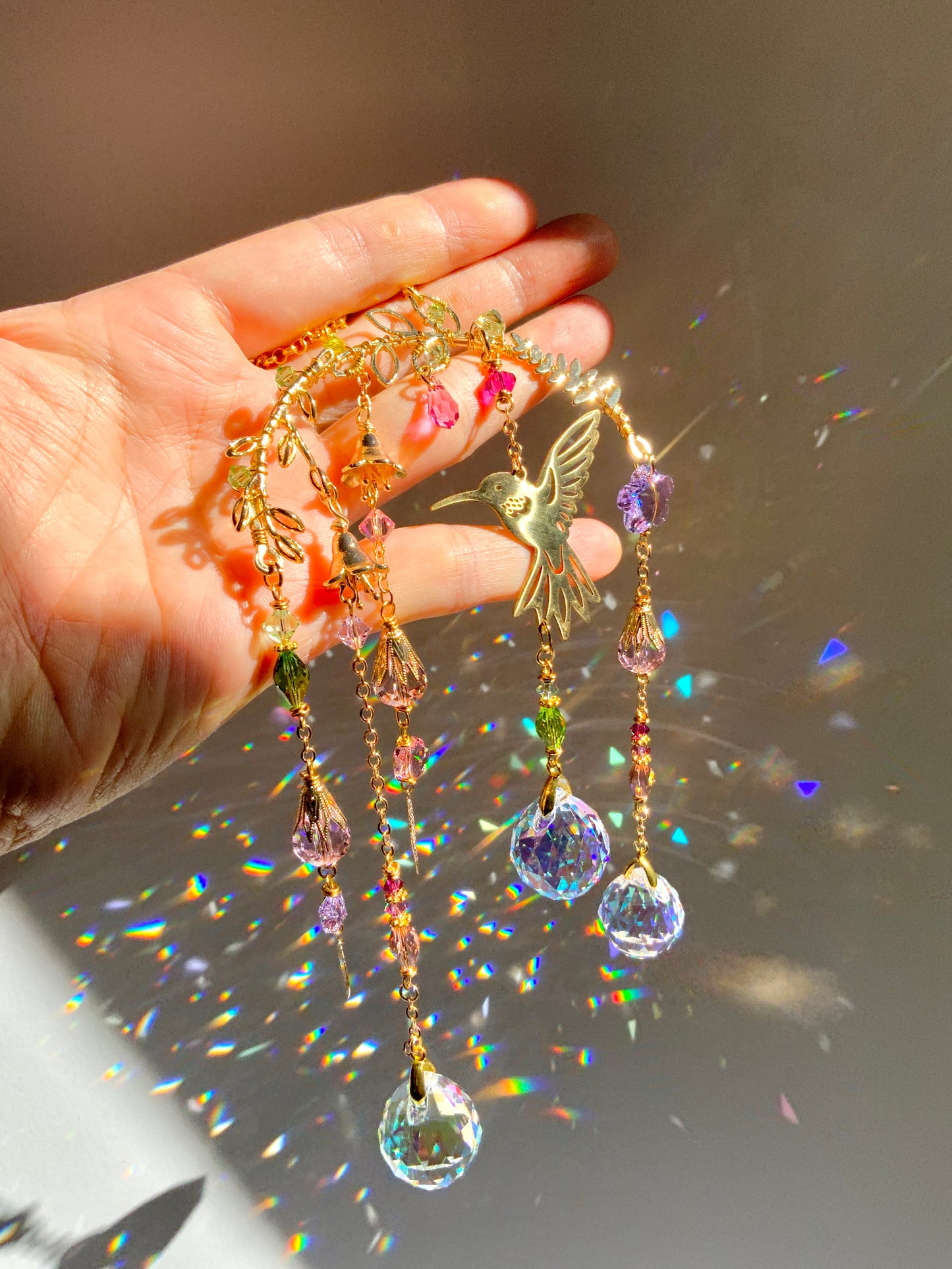 Small Crystal Hummingbird Mobile ~ 18k Gold-plated, Stainless Steel, ombré prisms Suncatcher