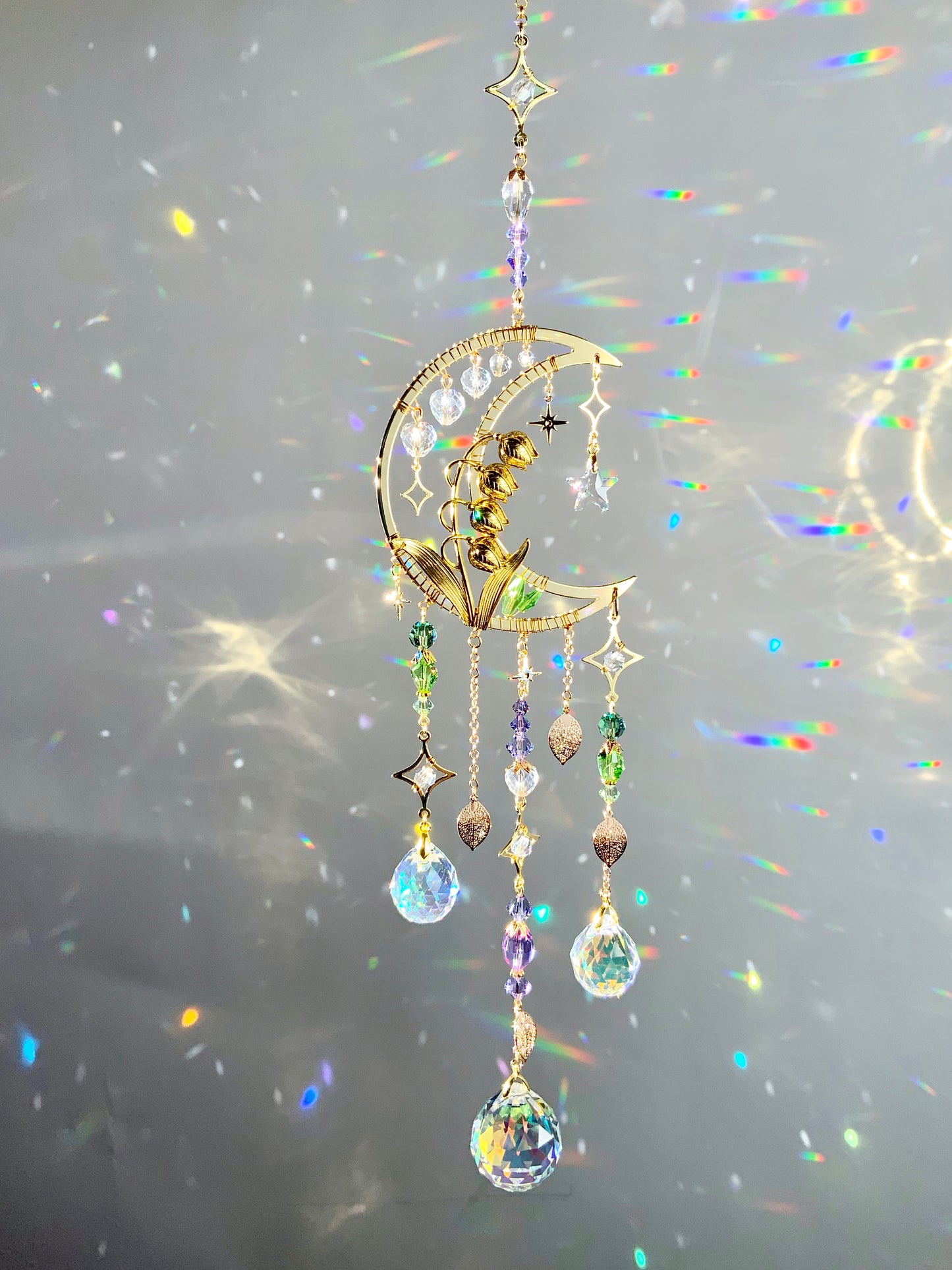 Mystic Lily of the Valley Suncatcher, 18k Gold-Plated May Birthflower Crystal Prism Moon Butterfly decor