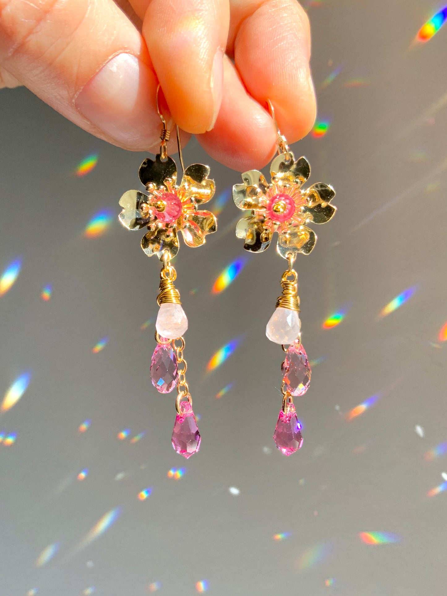 Rose Quartz Cherry Blossom Earrings~ Ombré Pink 18k Gold-Plated Sakura Crystal jewelry