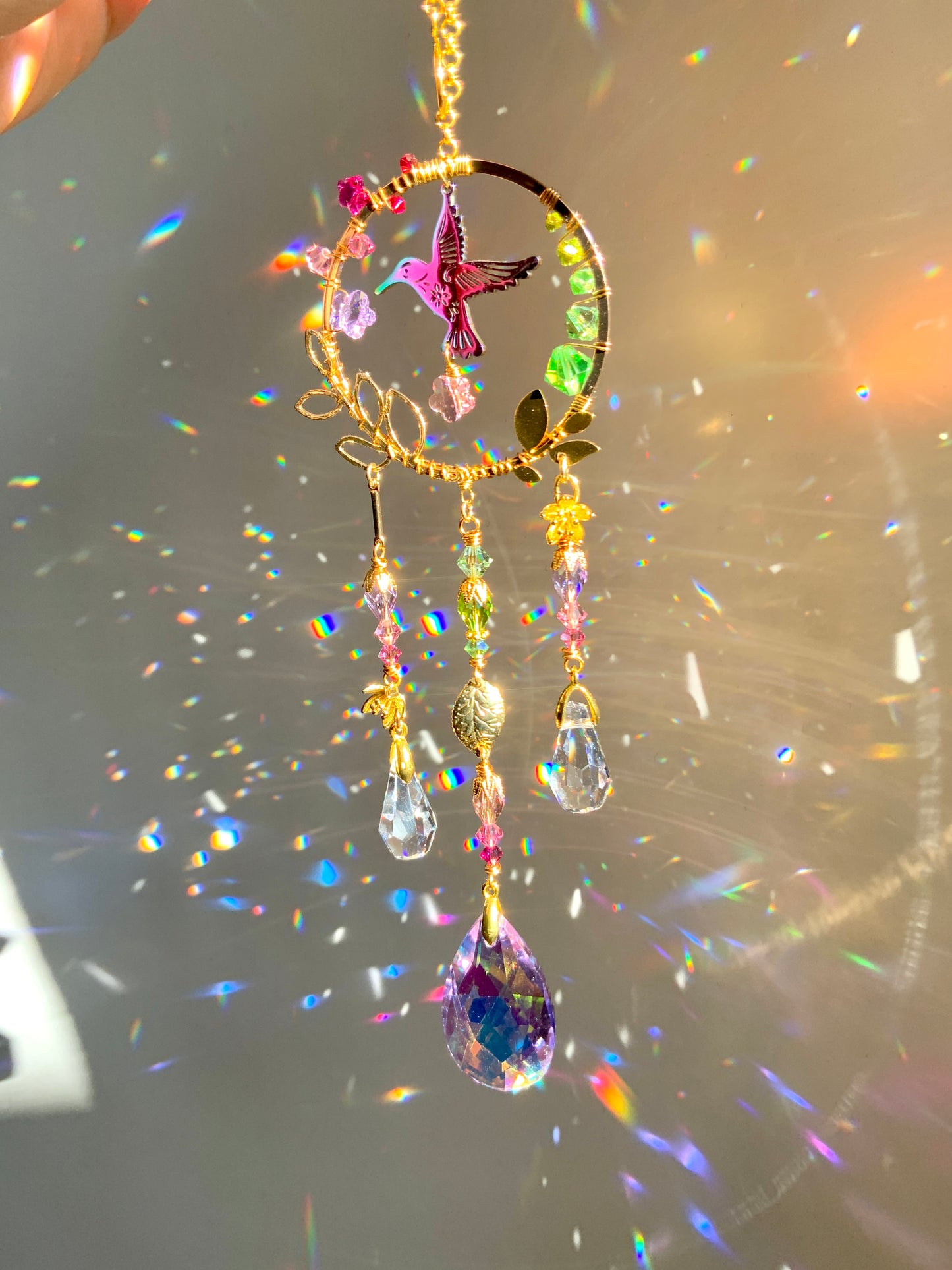 Hummingbird Car Charm ~ 18k Gold-plated, Stainless Steel, and ombré Crystal prisms for car mirror accessories