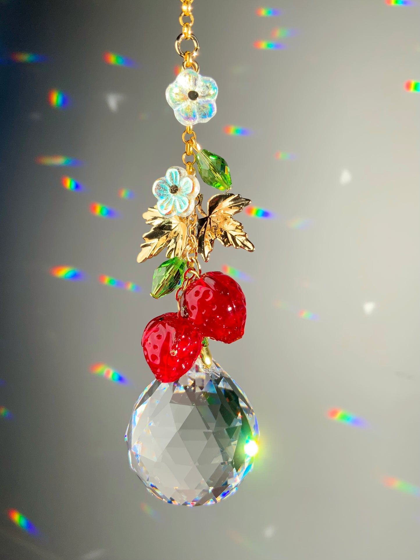 Strawberry Blossom Crystal Car Charm Hanger, 18k Gold-Plated Fruit red berries Suncatcher decor auto decoration accessories