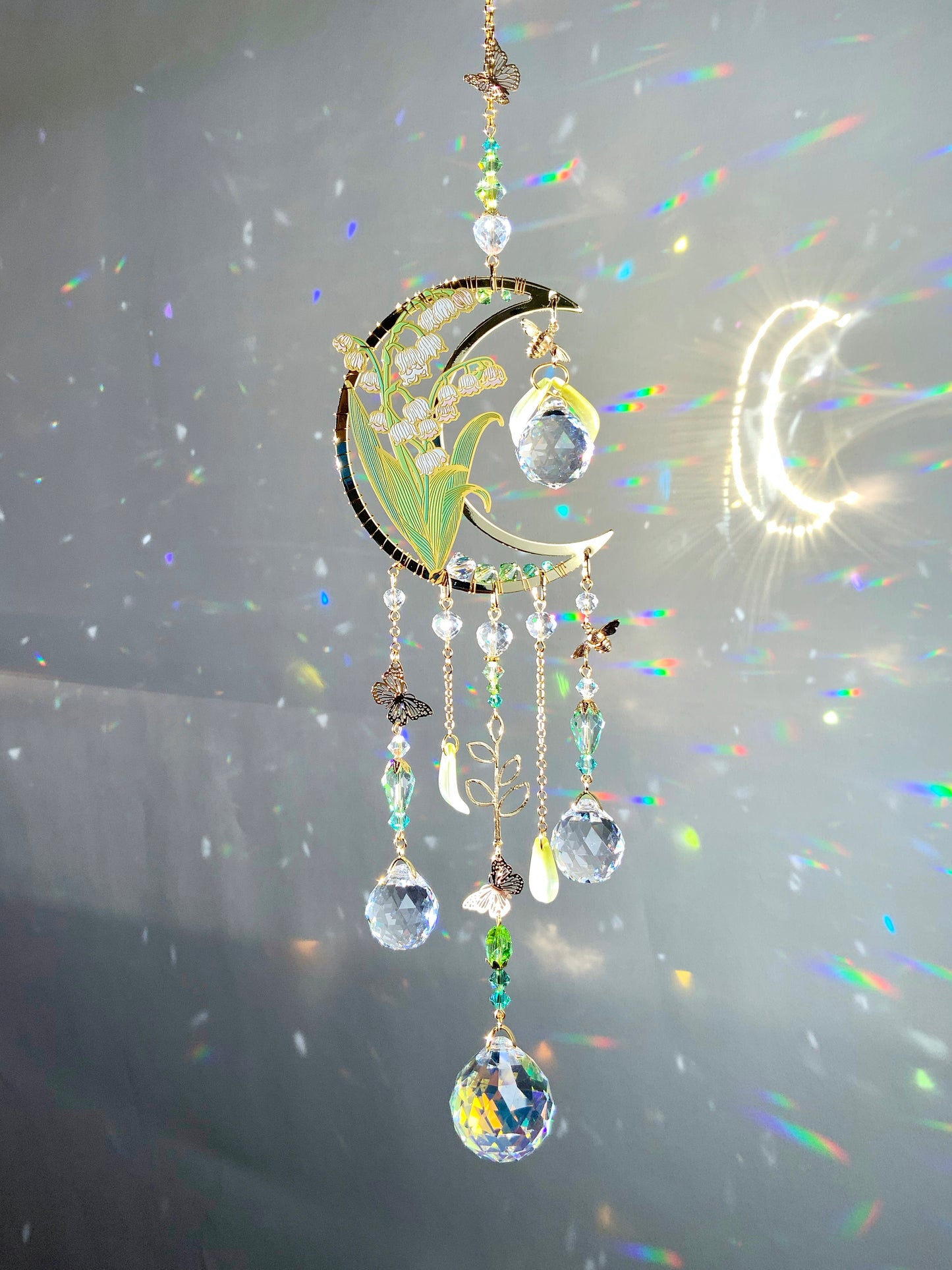 Spring Lily of the Valley Suncatcher, 18k Gold-Plated May Birthflower Crystal Prism Moon Butterfly decor