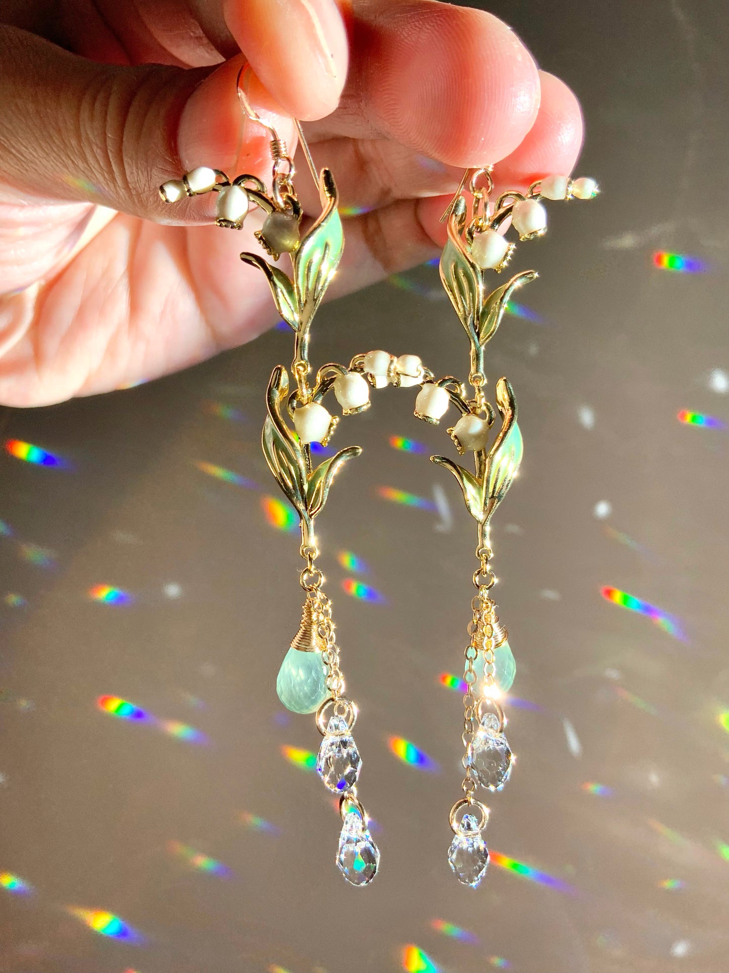 Prehnite Lily of the Valley Earrings~ 14k Gold-Filled Floral Enamel Jewelry