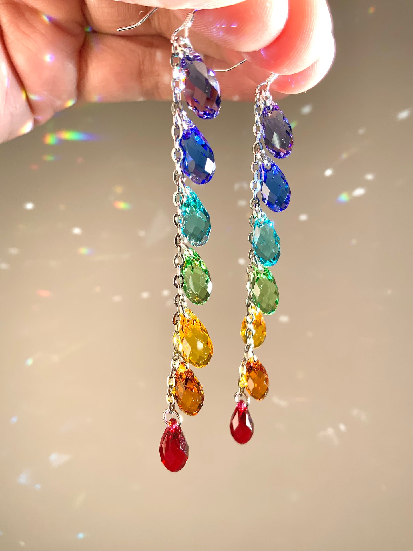 *Luxe* Ombré "Spectral Rainbow" Crystal Waterfall earrings, Sterling Silver or 14k Gold-Filled