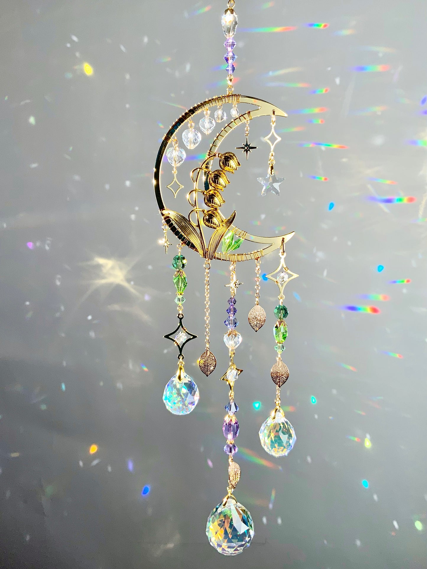 Mystic Lily of the Valley Suncatcher, 18k Gold-Plated May Birthflower Crystal Prism Moon Butterfly decor