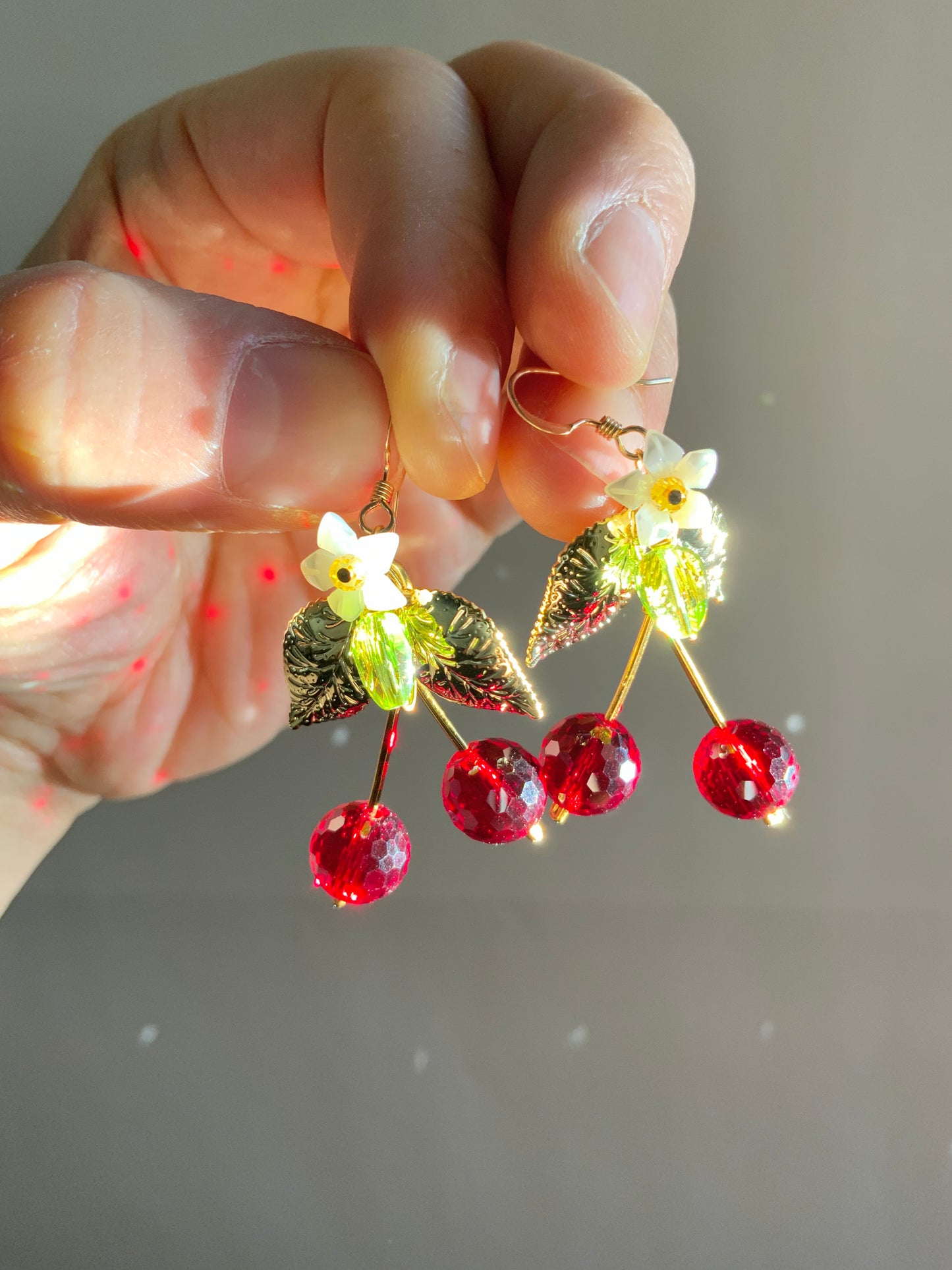Sparkle Cherry Blossom Earrings~ Mother of Pearl, Crystal Prisms, 18k Gold-Plated Fruit jewelry