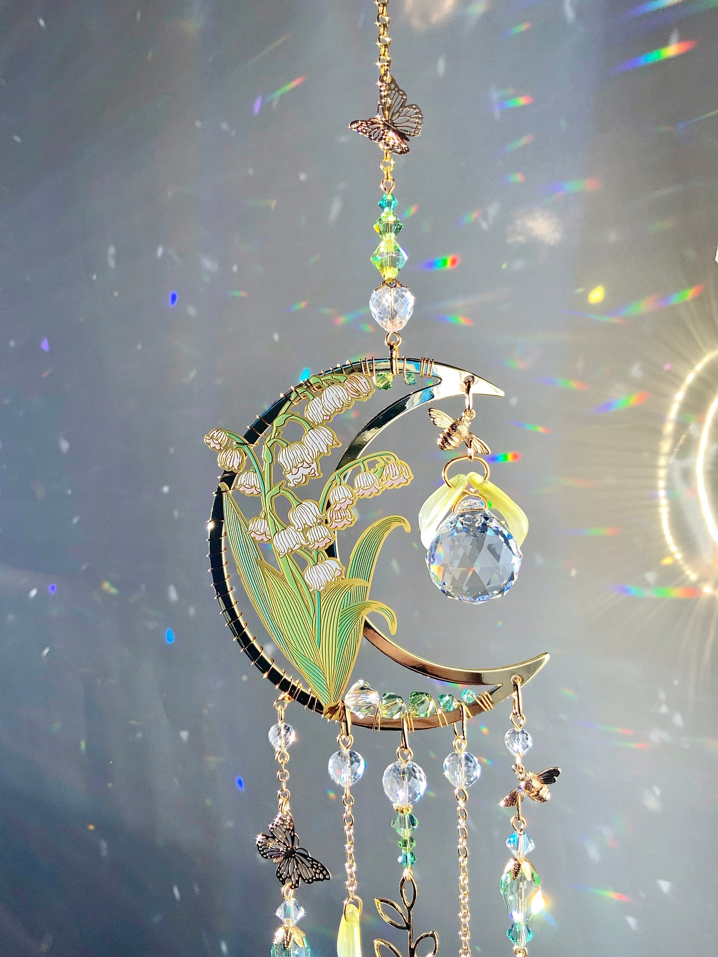 Spring Lily of the Valley Suncatcher, 18k Gold-Plated May Birthflower Crystal Prism Moon Butterfly decor