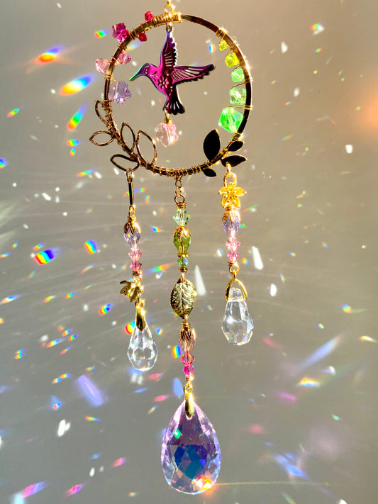 Hummingbird Car Charm ~ 18k Gold-plated, Stainless Steel, and ombré Crystal prisms for car mirror accessories