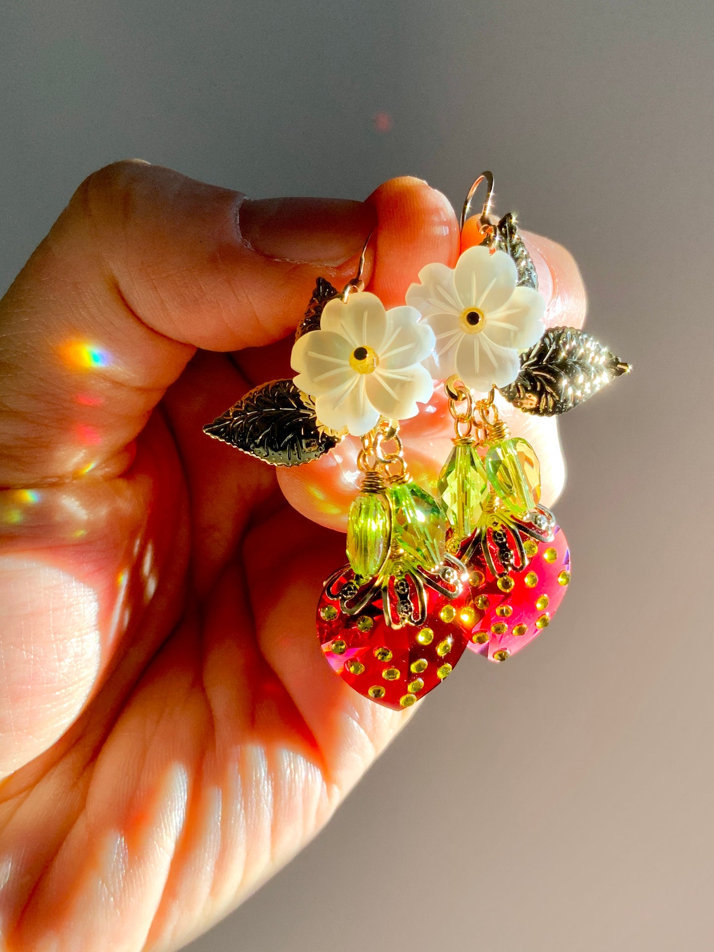 Large Prism Strawberry Blossom Earrings~ Mother of Pearl, Crystal Prisms, 18k Gold-Plated Fruit jewelry