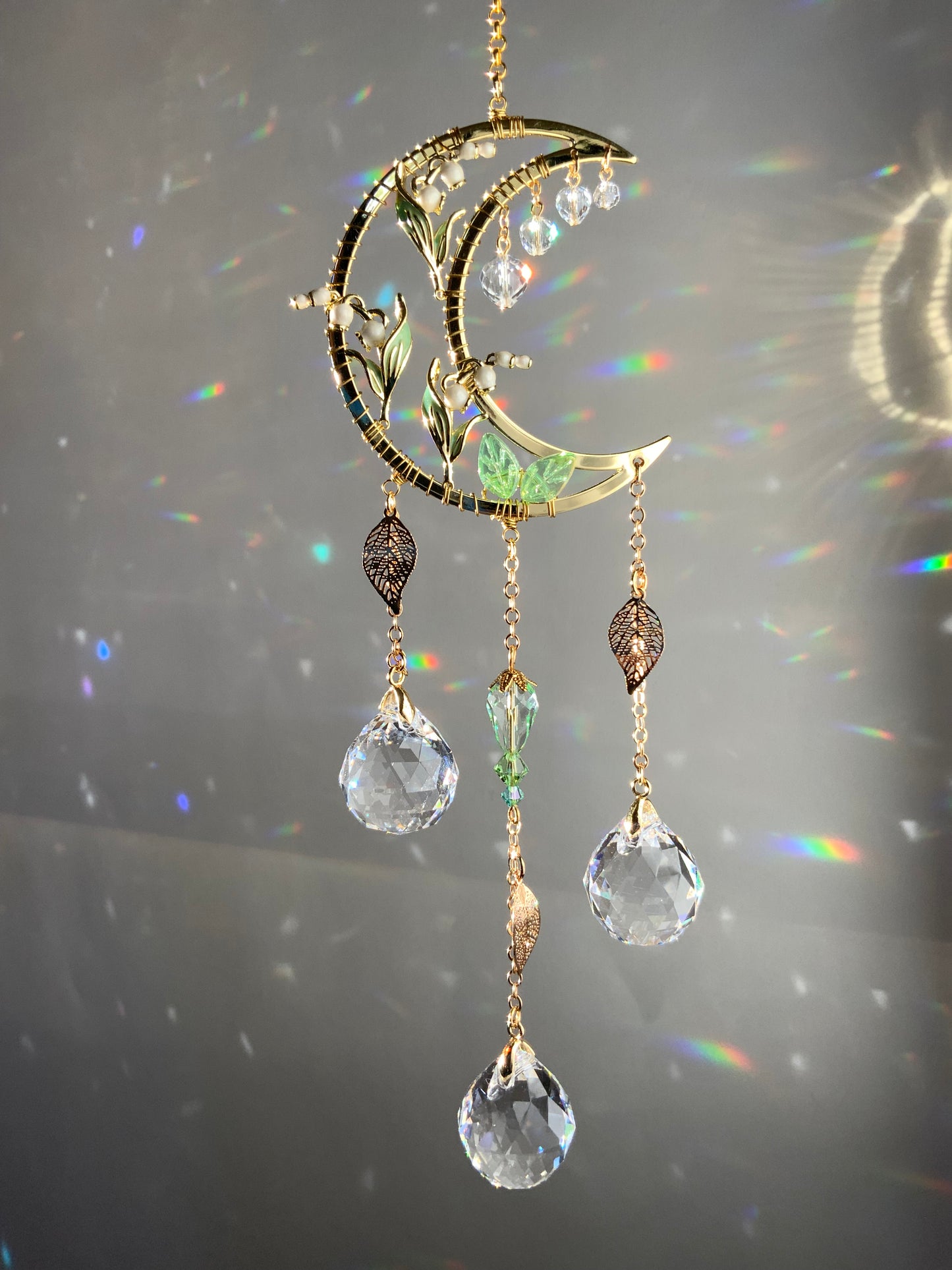 Mini Lily of the Valley Suncatcher, 18k Gold-Plated May Birthflower Celestial Crystal Prism hanger