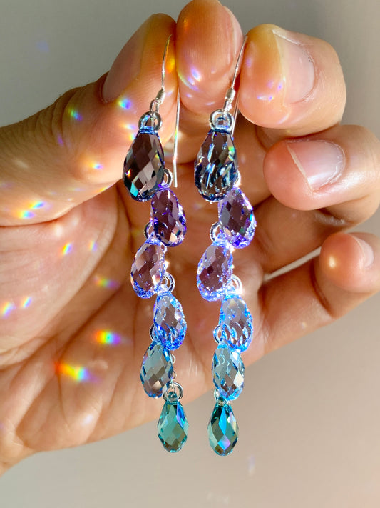 "Sea Nymph" ~ *Luxe* Ombré Crystal Waterfall earrings with Super Rare Color, Sterling Silver or 14k Gold-Filled