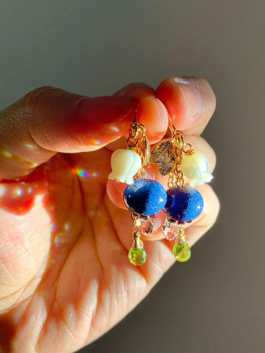 Super Realistic Blueberry Blossom Earrings~ Peridot, Mother of Pearl, Artisan-made Glass, 18k Gold-Plated Crystal Fruit jewelry