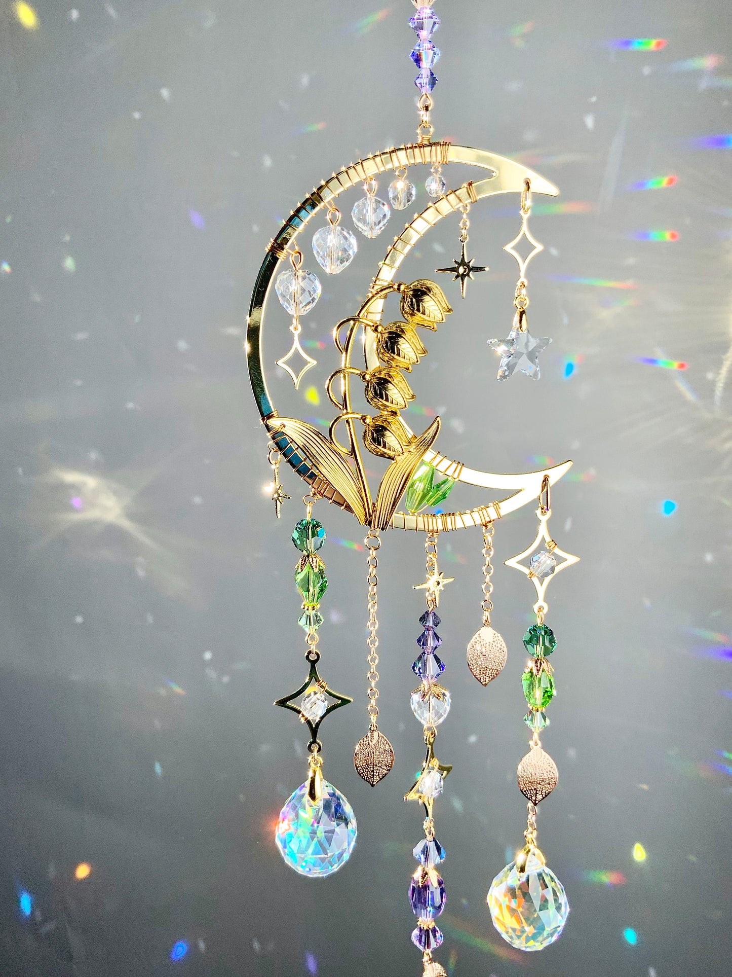Mystic Lily of the Valley Suncatcher, 18k Gold-Plated May Birthflower Crystal Prism Moon Butterfly decor