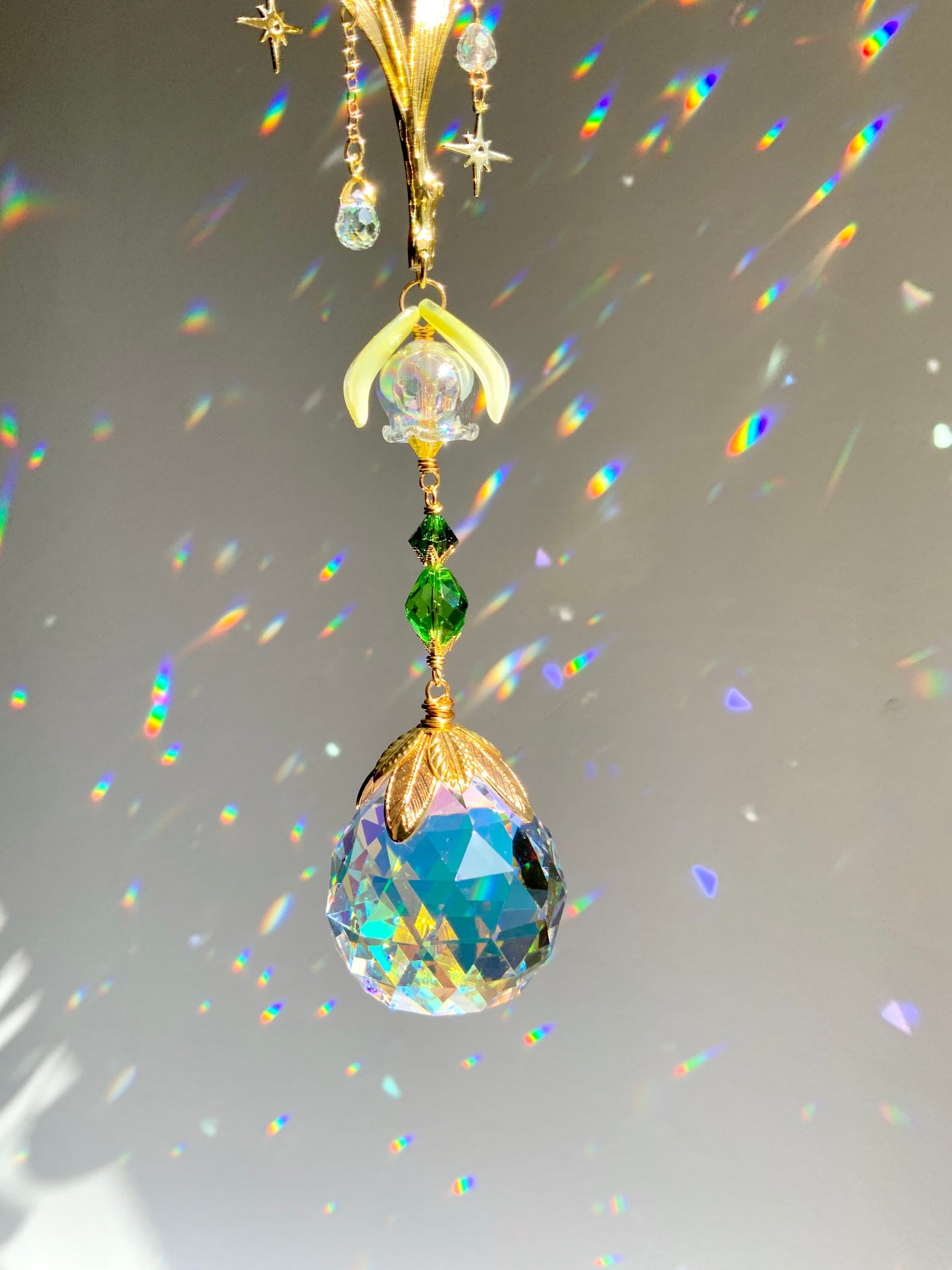 Lily of The Valley Crystal Ball Suncatcher, Gold-Plated May BirthFlower Window Charm with ombré prisms