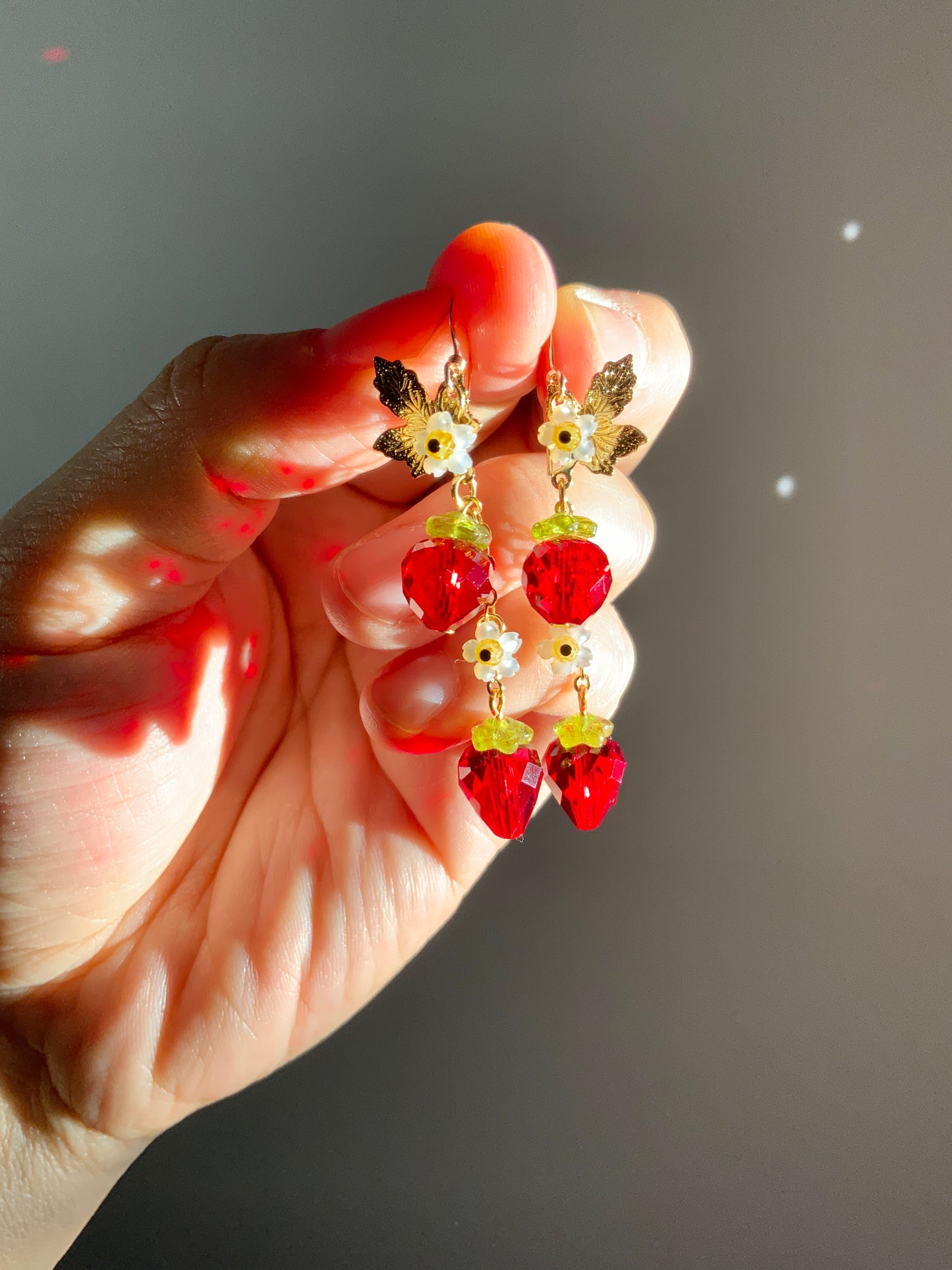 Red Sparkle Strawberry Blossom Earrings~ Mother of Pearl, Crystal Prisms, 18k Gold-Plated Fruit jewelry
