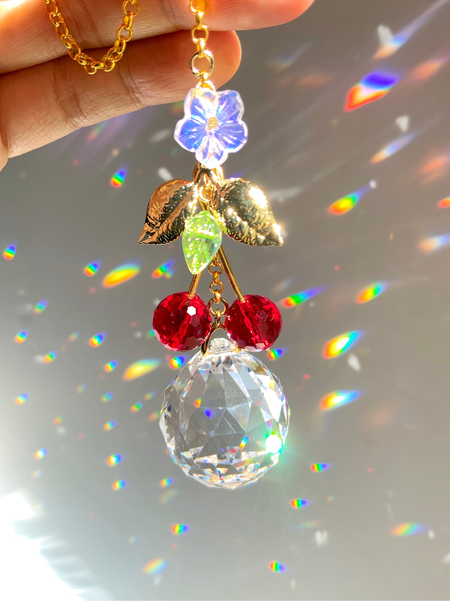 Crystal Cherries Rear View Mirror Car Charm, 18k Gold-Plated Red Fruit decor auto decoration accessories