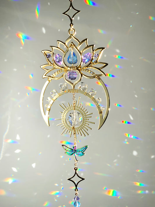 "Rising Light" ~ Lotus Moon Dragonfly Crystal Suncatcher, 18k Gold-Plated Window Charm, Waterlily July Birthflower