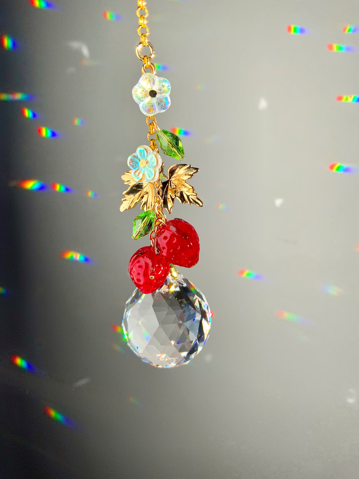 Strawberry Blossom Crystal Car Charm Hanger, 18k Gold-Plated Fruit red berries Suncatcher decor auto decoration accessories