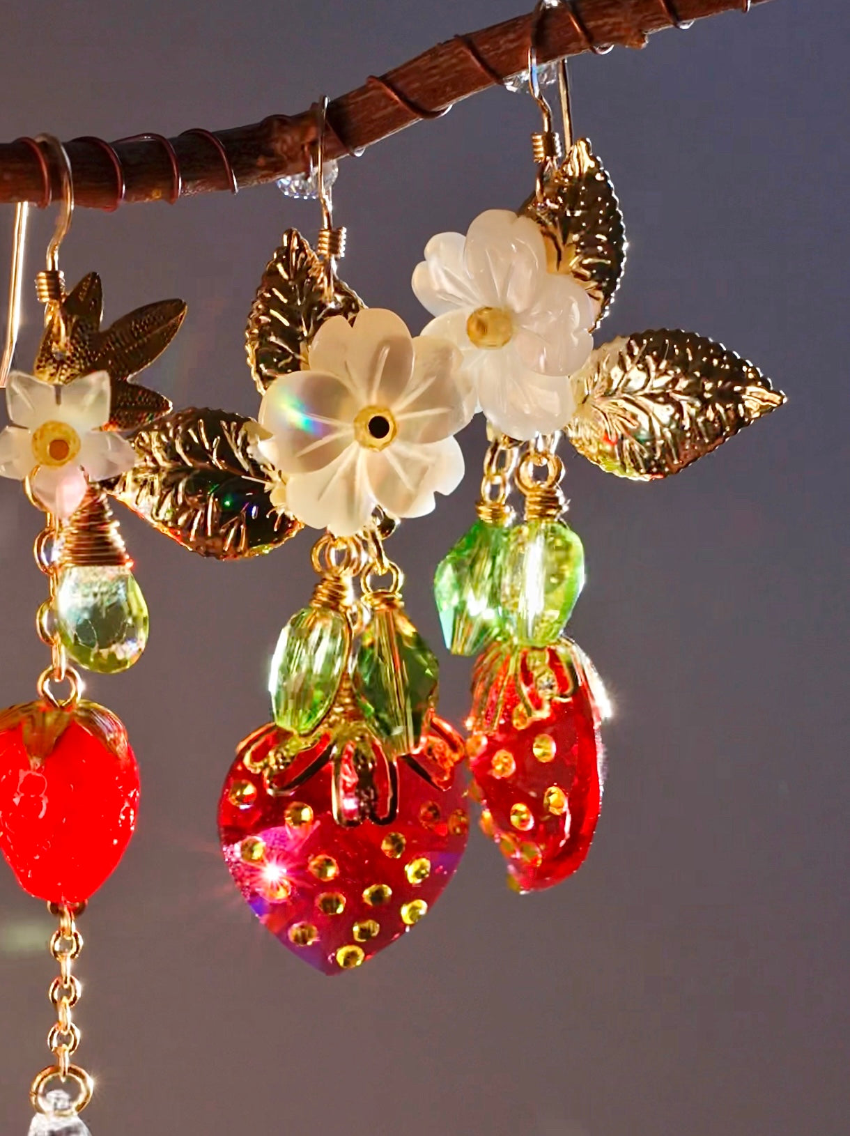 Large Prism Strawberry Blossom Earrings~ Mother of Pearl, Crystal Prisms, 18k Gold-Plated Fruit jewelry