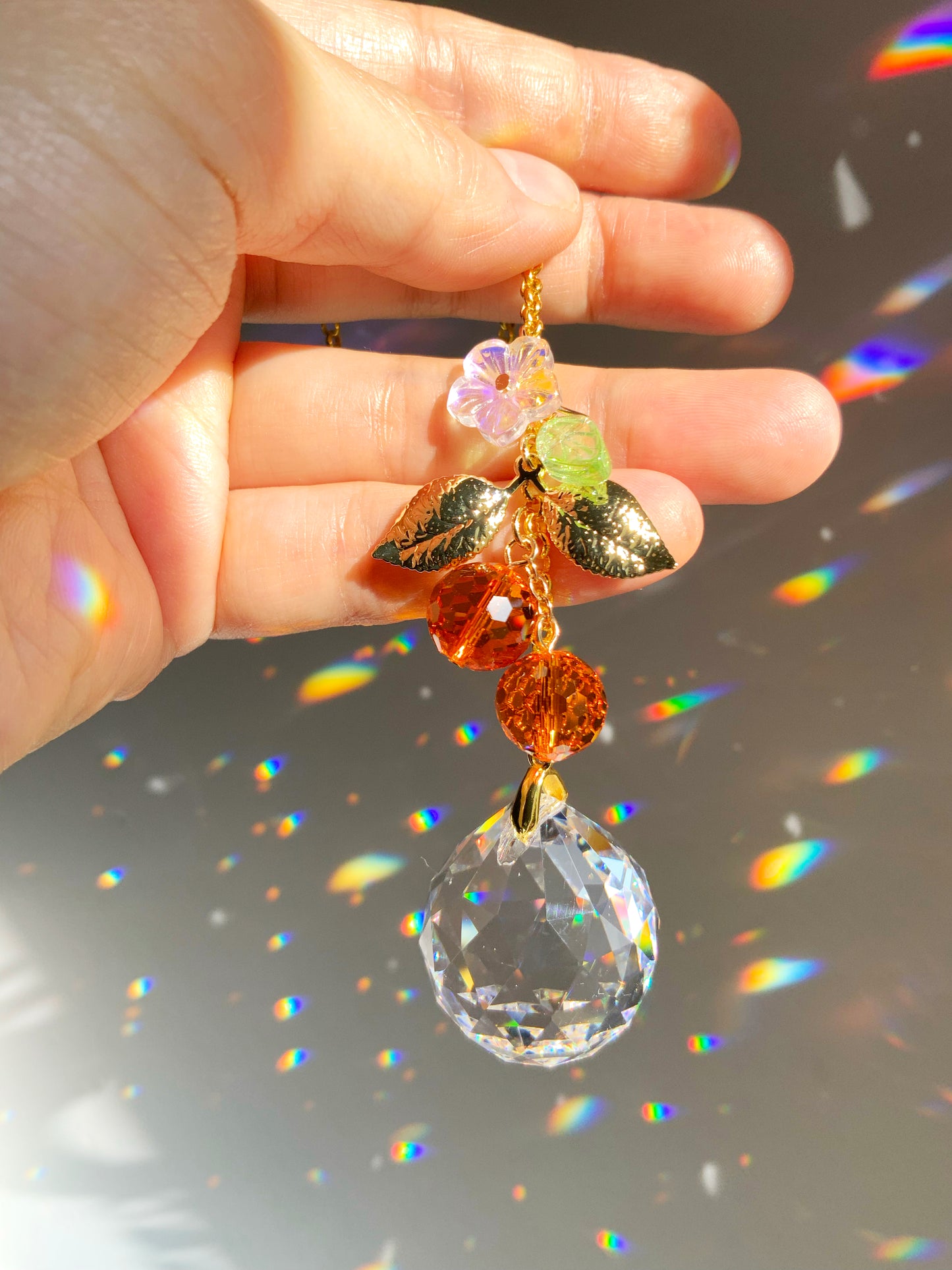 Orange Blossom Crystal Rear View Mirror Car Charm, 18k Gold-Plated Citrus Fruit decor auto decoration accessories