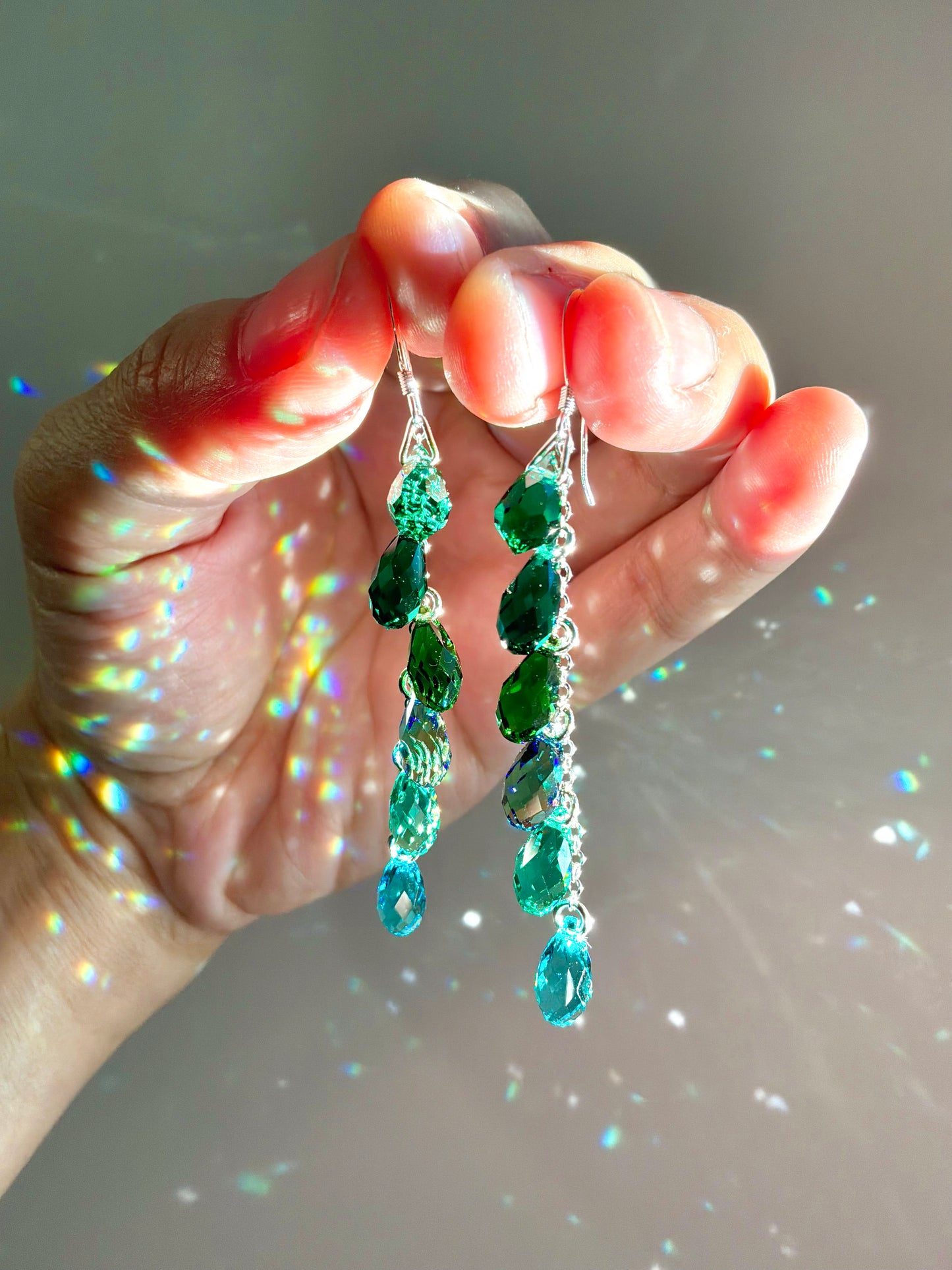 "Forest Springs" ~ *Luxe* Ombré Crystal Waterfall earrings, Sterling Silver or 14k Gold-Filled, Dark Emerald Green jewelry (Copy)