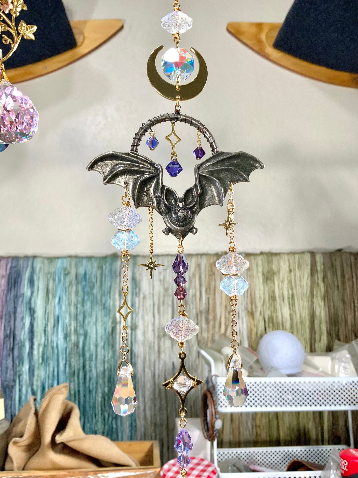 "Night Flight" Bat Mini Suncatcher, 18k Gold-Plated Moon Starry Night Clouds Crystal prisms, spooky Halloween Suncatchers