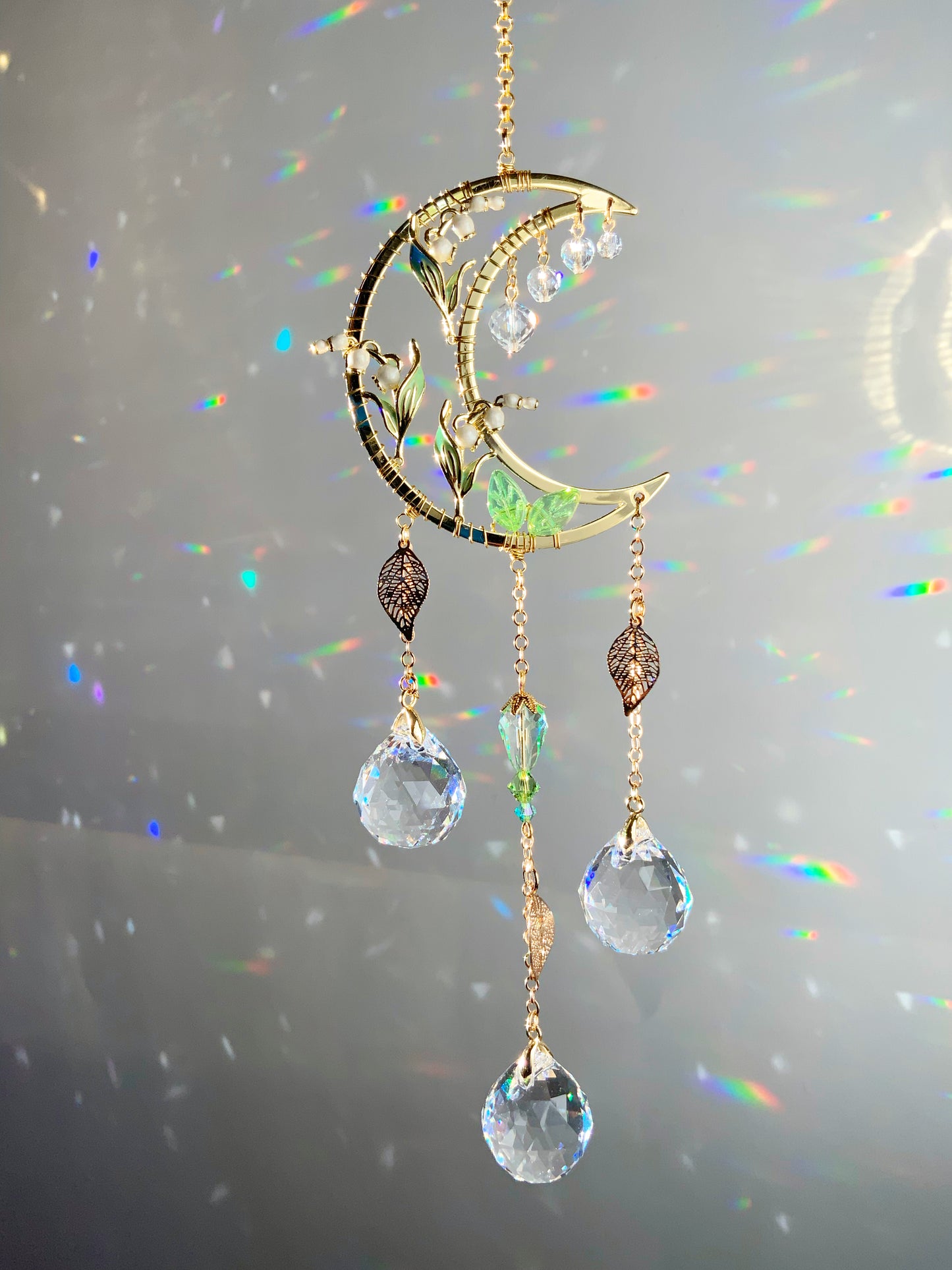 Mini Lily of the Valley Suncatcher, 18k Gold-Plated May Birthflower Celestial Crystal Prism hanger