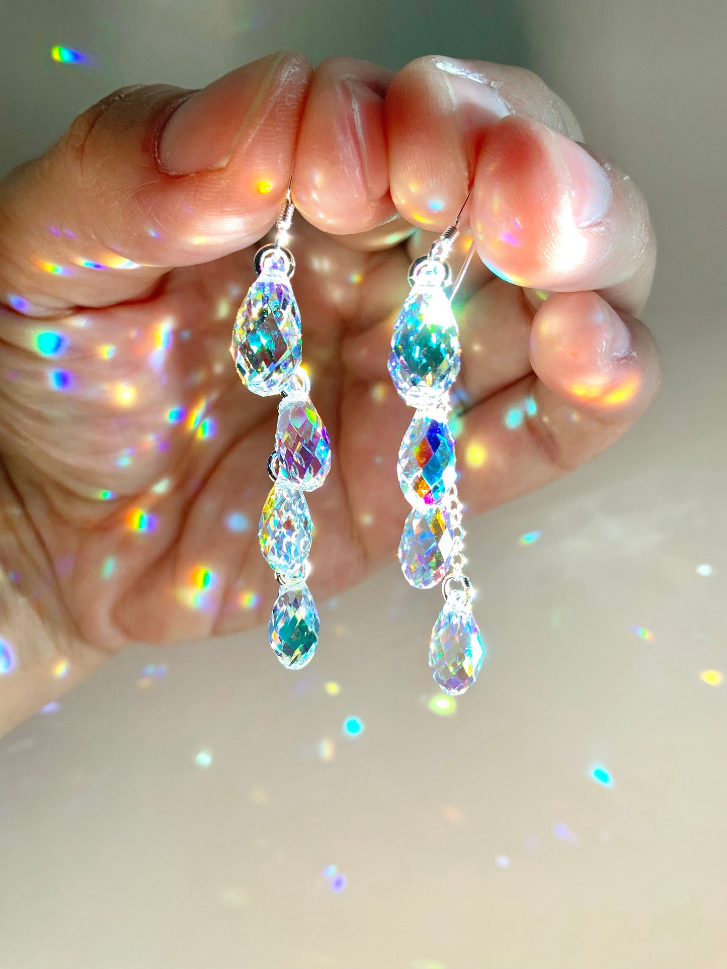 "Starlight" ~ *Luxe* Rainbow Clear Crystal Waterfall earrings, Super Rare, Sterling Silver or 14k Gold-Filled