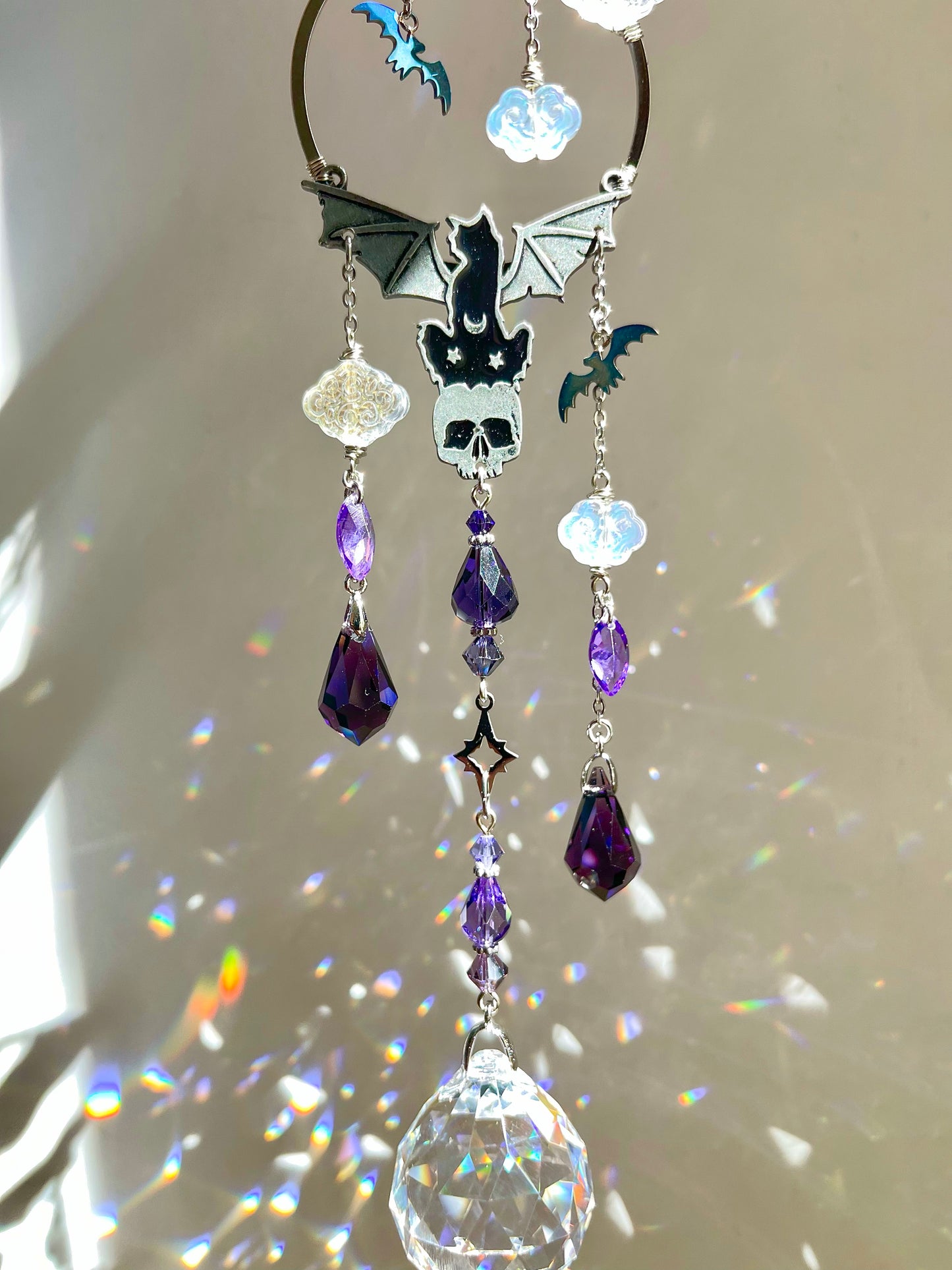 "Night Keeper" Kitty Bat Car Charm made with Perfect Purple Crystals! Celestial Moon Spooky Halloween Crystal Suncatcher