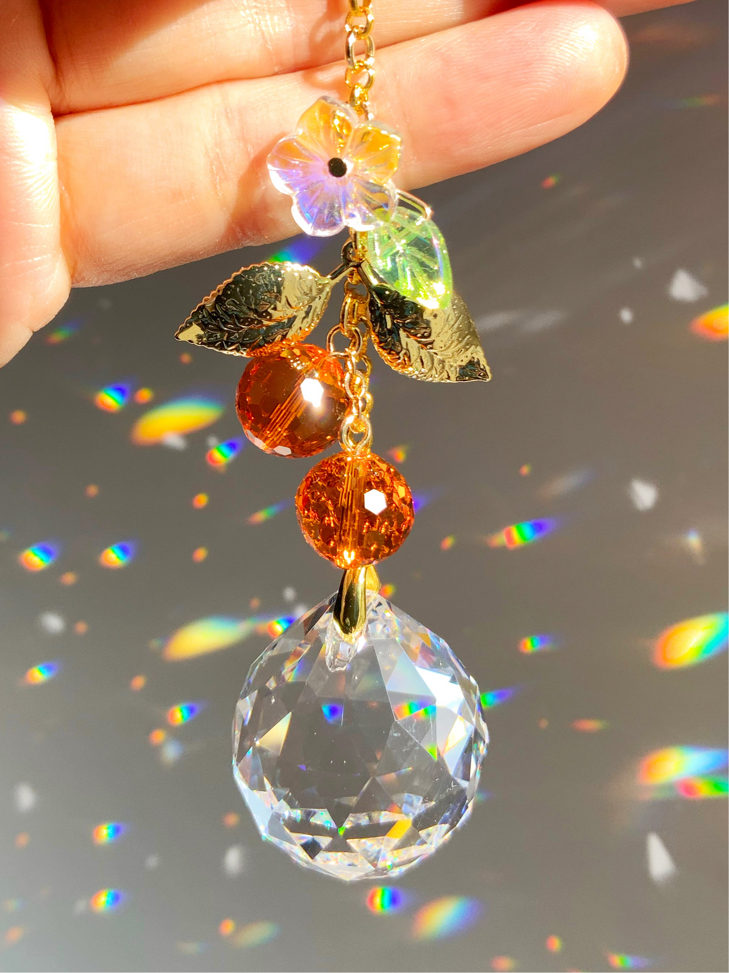 Orange Blossom Crystal Rear View Mirror Car Charm, 18k Gold-Plated Citrus Fruit decor auto decoration accessories