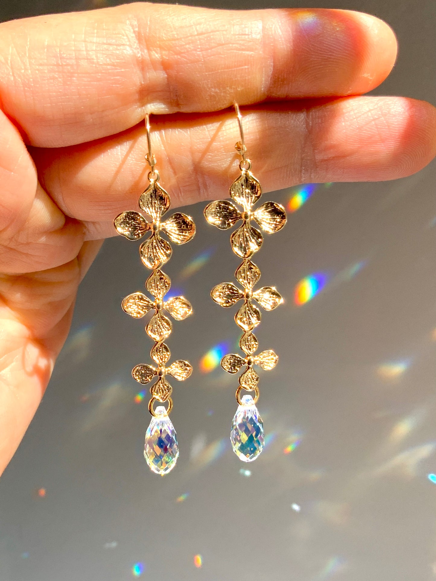 Crystal Prism Hydrangea Earrings~ Choose Your Color, 18k Gold-Plated Flower Suncatcher Jewelry