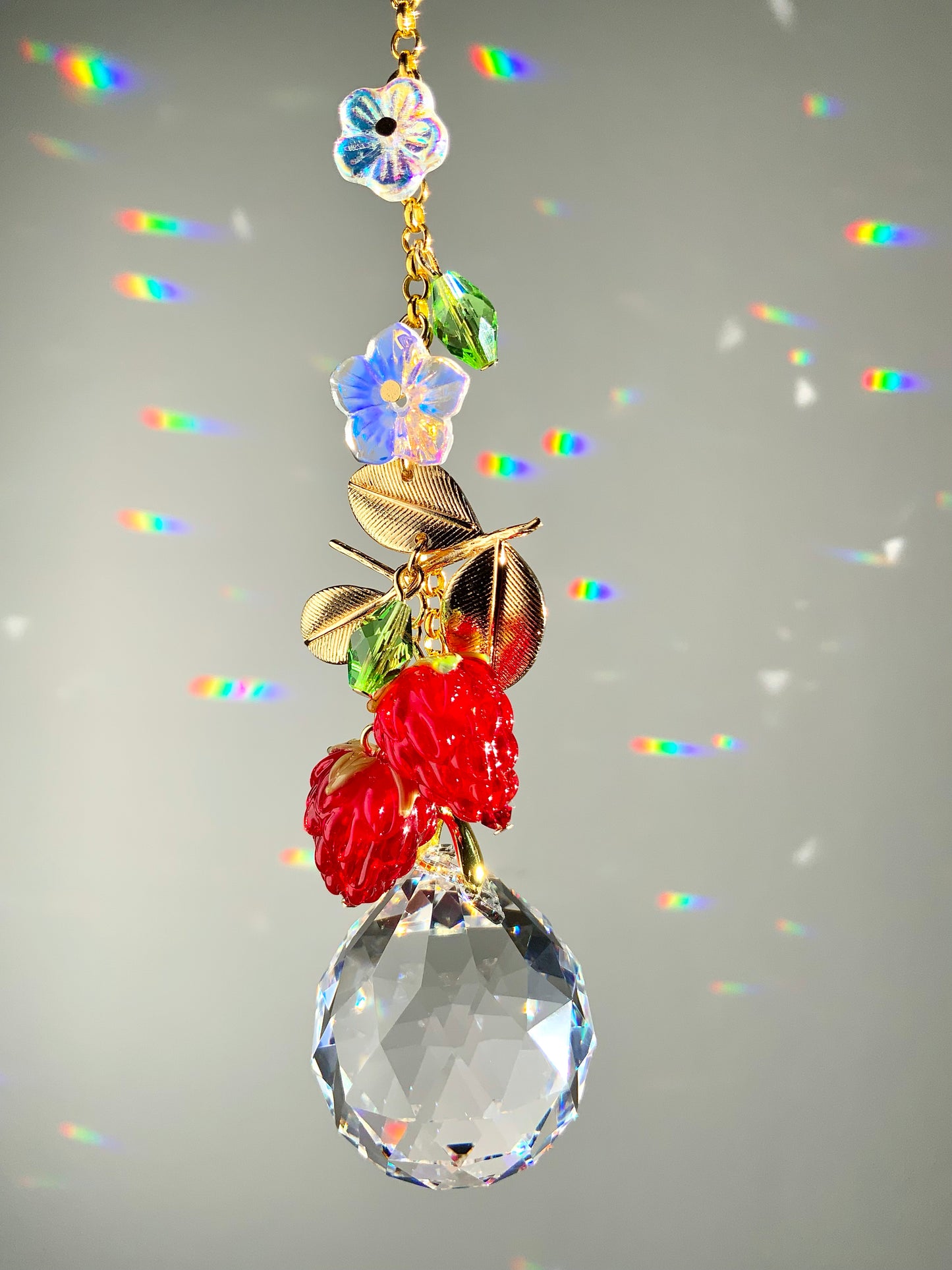 Raspberry Blossom Crystal Car Charm Hanger, 18k Gold-Plated Fruit red berries Suncatcher decor auto decoration accessories