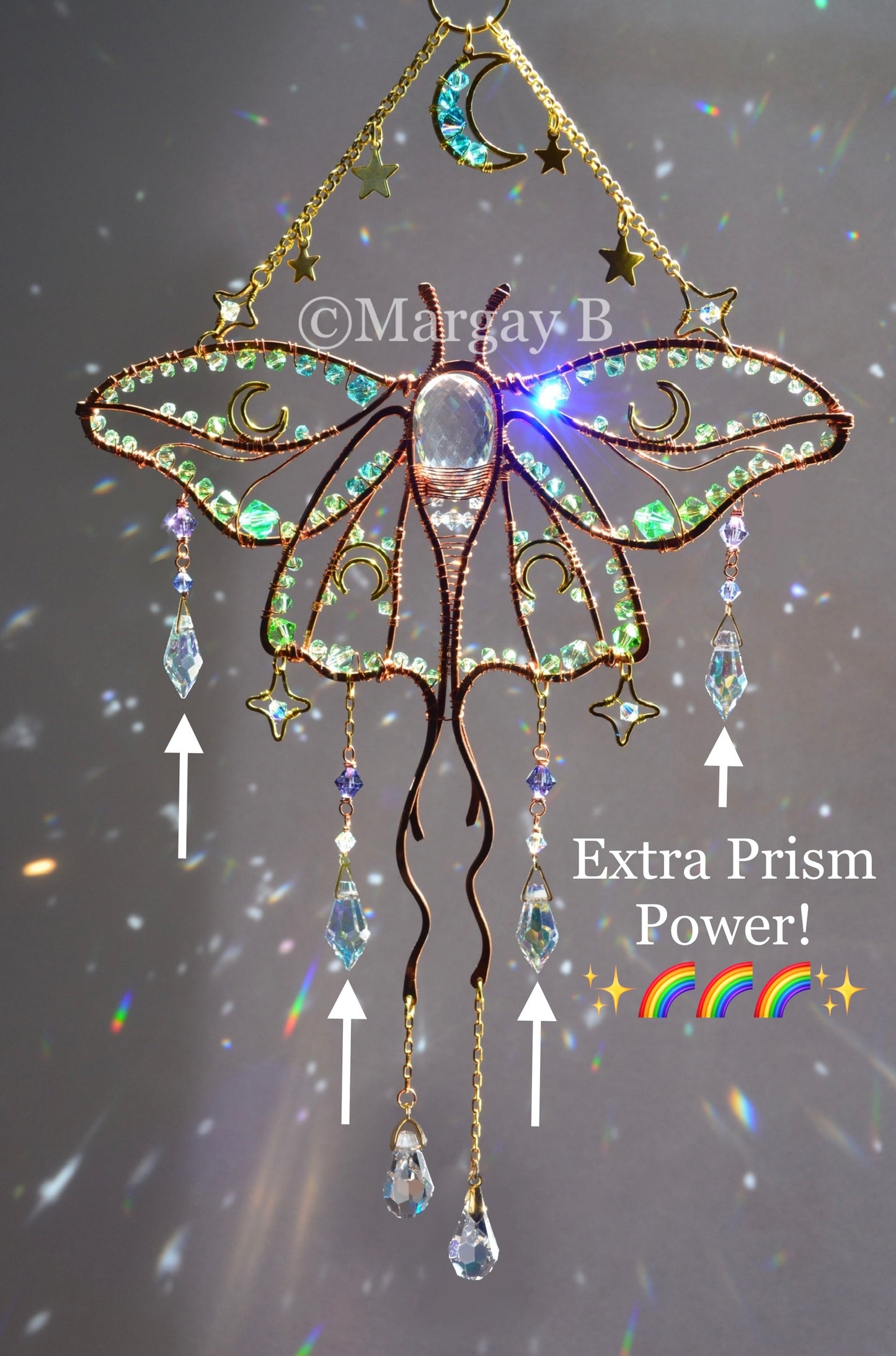 Luna Moth Moon Stars Suncatcher, boho witchy room decor rainbow maker Moth Necklace with raw crystal points