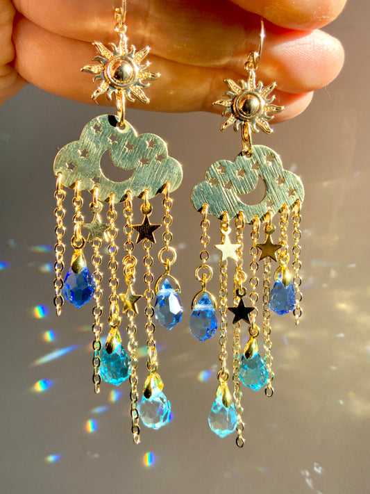 Ombré Aqua Blues Crystal Rain Cloud earrings~ 18k Gold-Plated Sun Moon Celestial prism Suncatcher jewelry