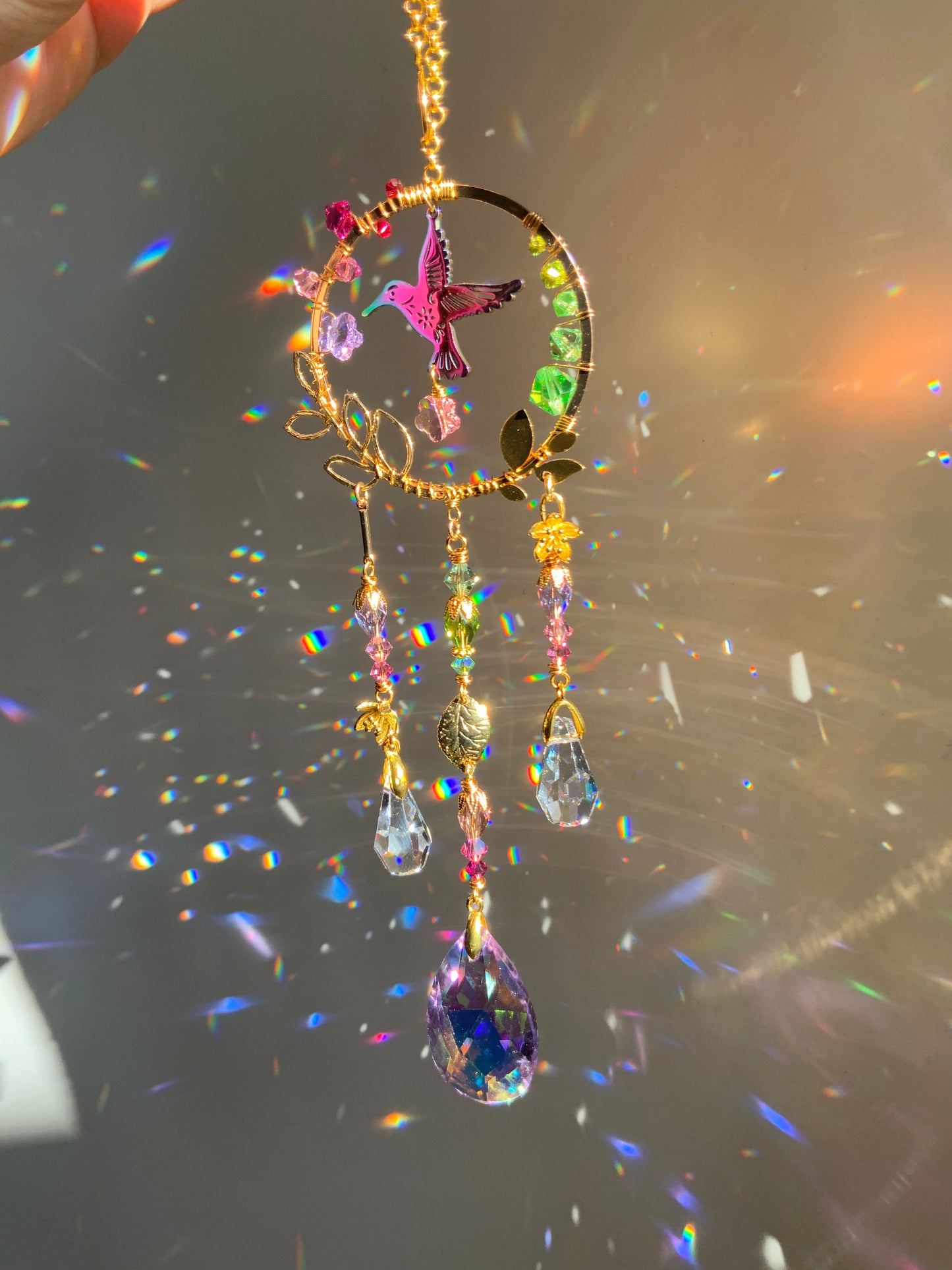 Hummingbird Car Charm ~ 18k Gold-plated, Stainless Steel, and ombré Crystal prisms for car mirror accessories
