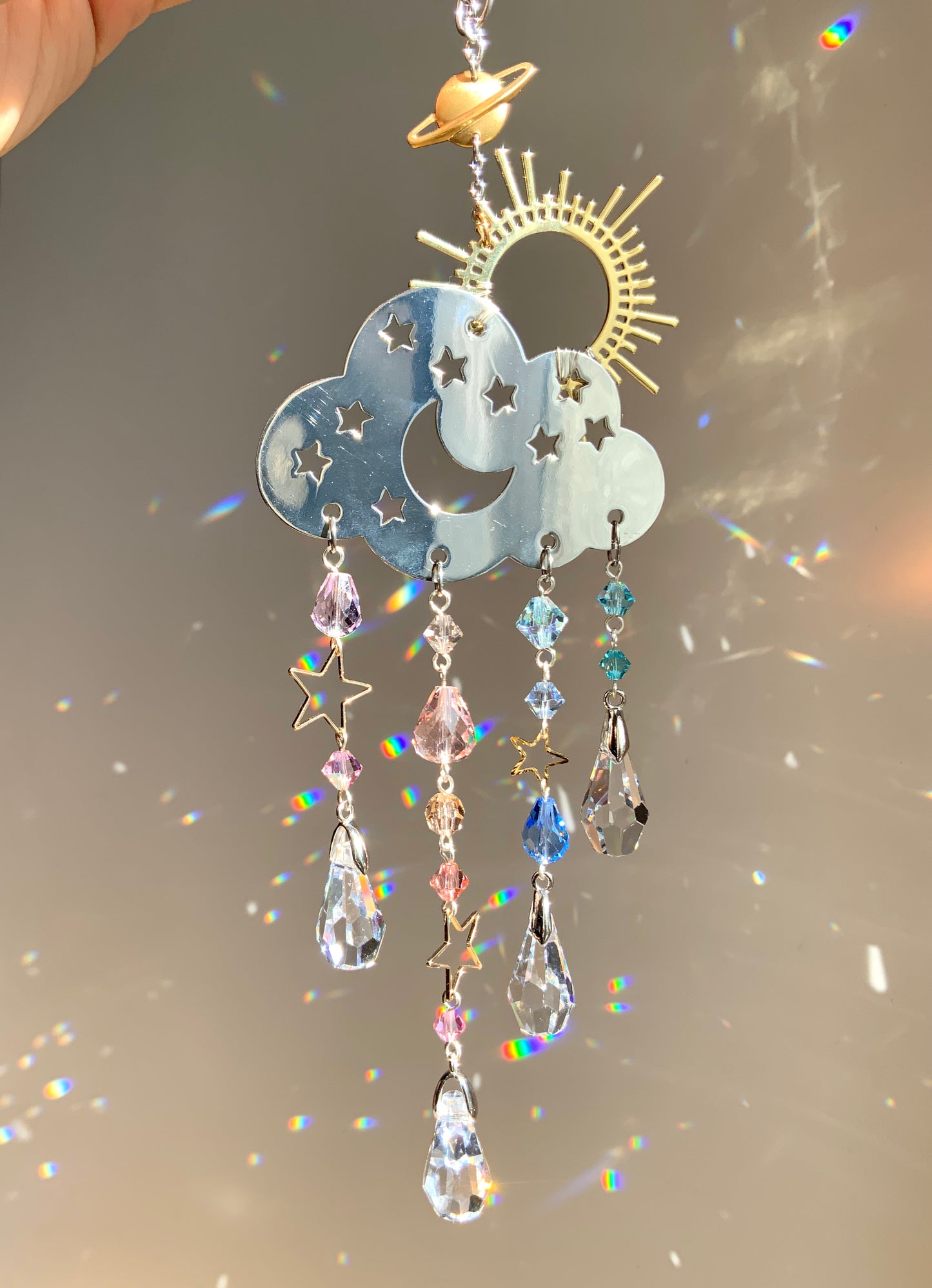 "Sunrise Mist" Rain Cloud Car Charm ~ 18k Gold-Plated Sun with ombré Crystal prism Celestial Suncatcher