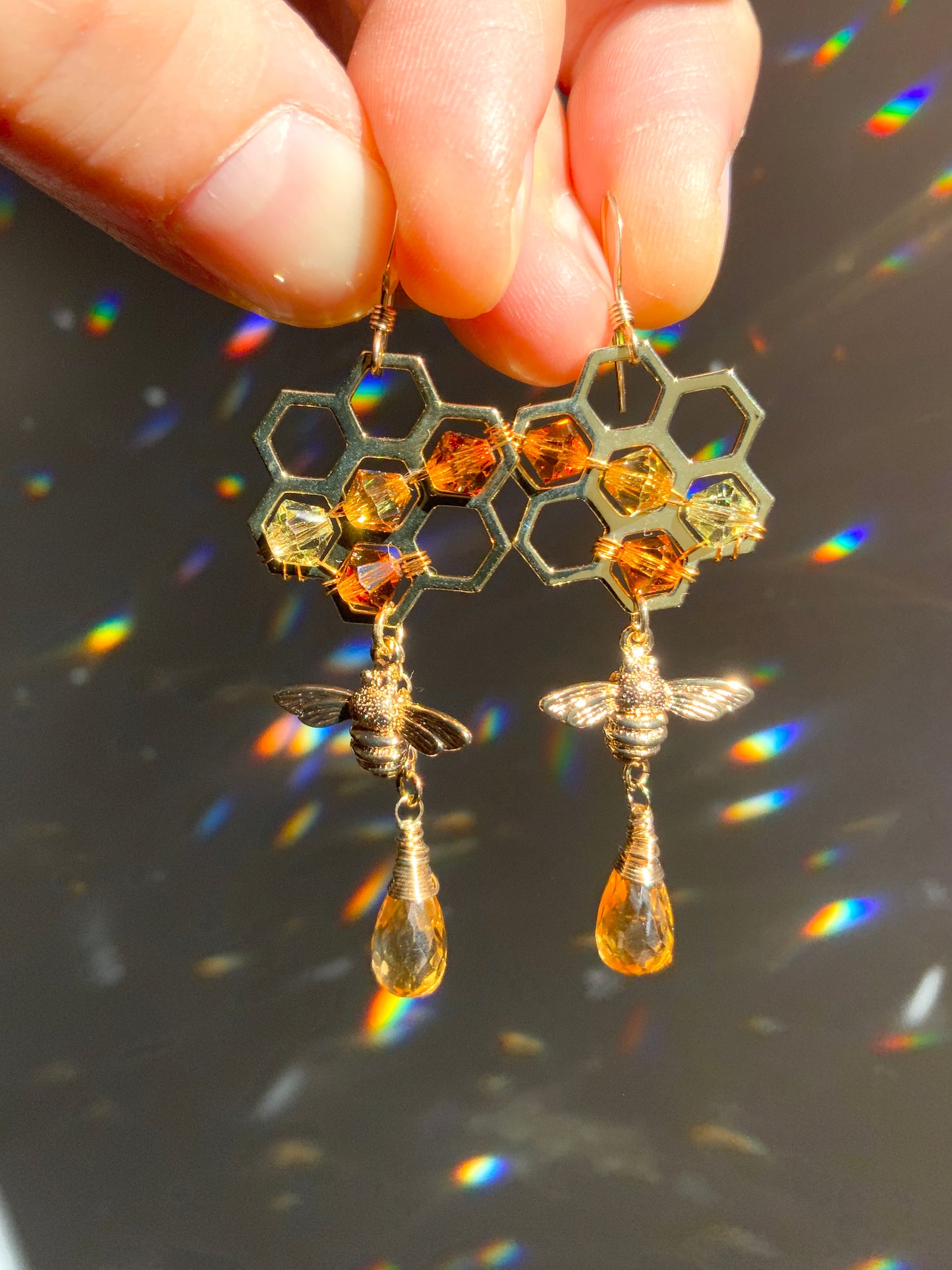 Citrine Honeycomb Bee Earrings with ombré Crystal prisms, 18k Gold-Plated Honeybee