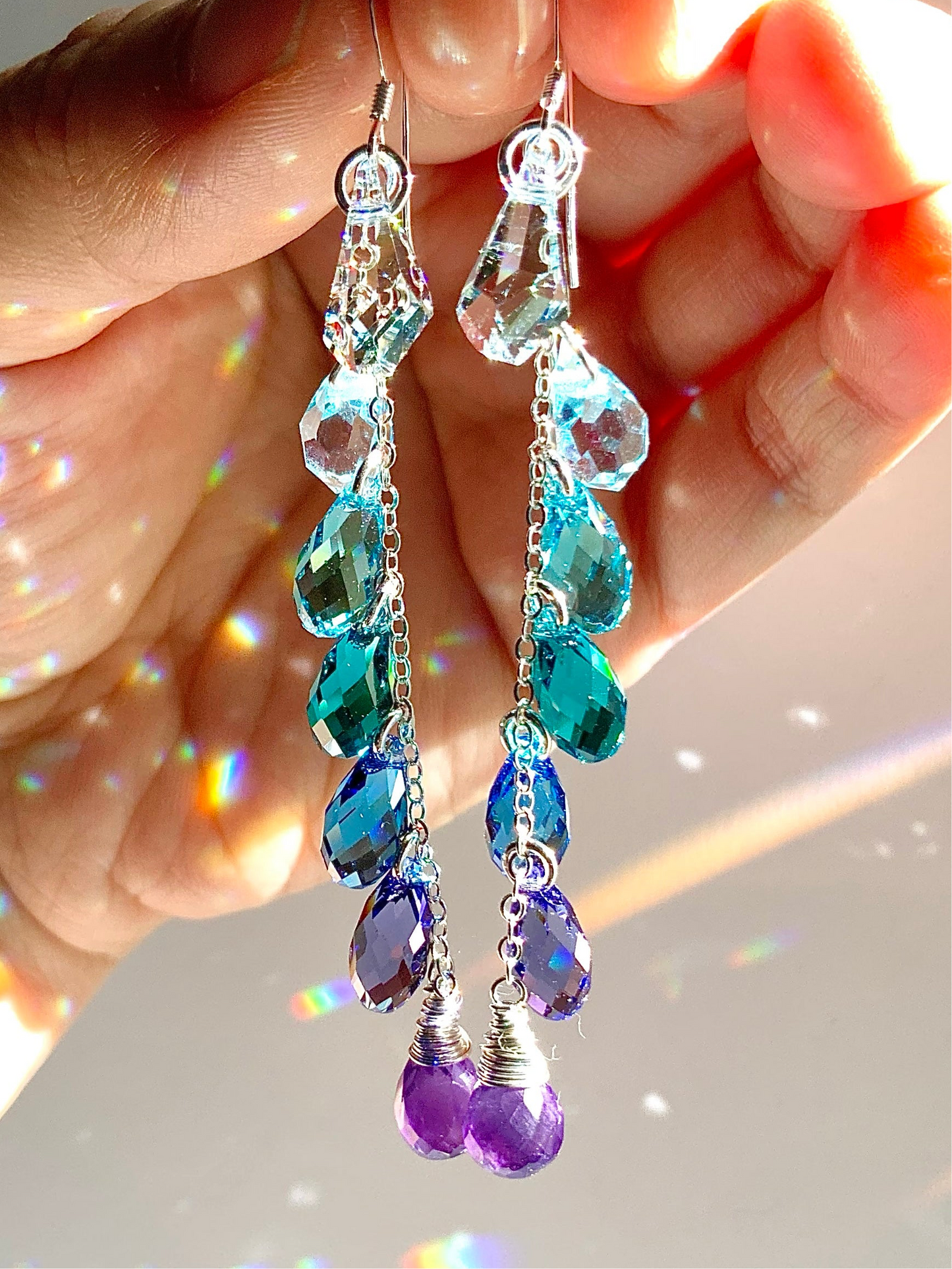 "Amethyst Lagoon" ~ *Luxe* Ombré Crystal Waterfall earrings with Super Rare Colors, Sterling Silver or 14k Gold-Filled