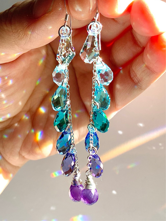 "Amethyst Lagoon" ~ *Luxe* Ombré Crystal Waterfall earrings with Super Rare Colors, Sterling Silver or 14k Gold-Filled