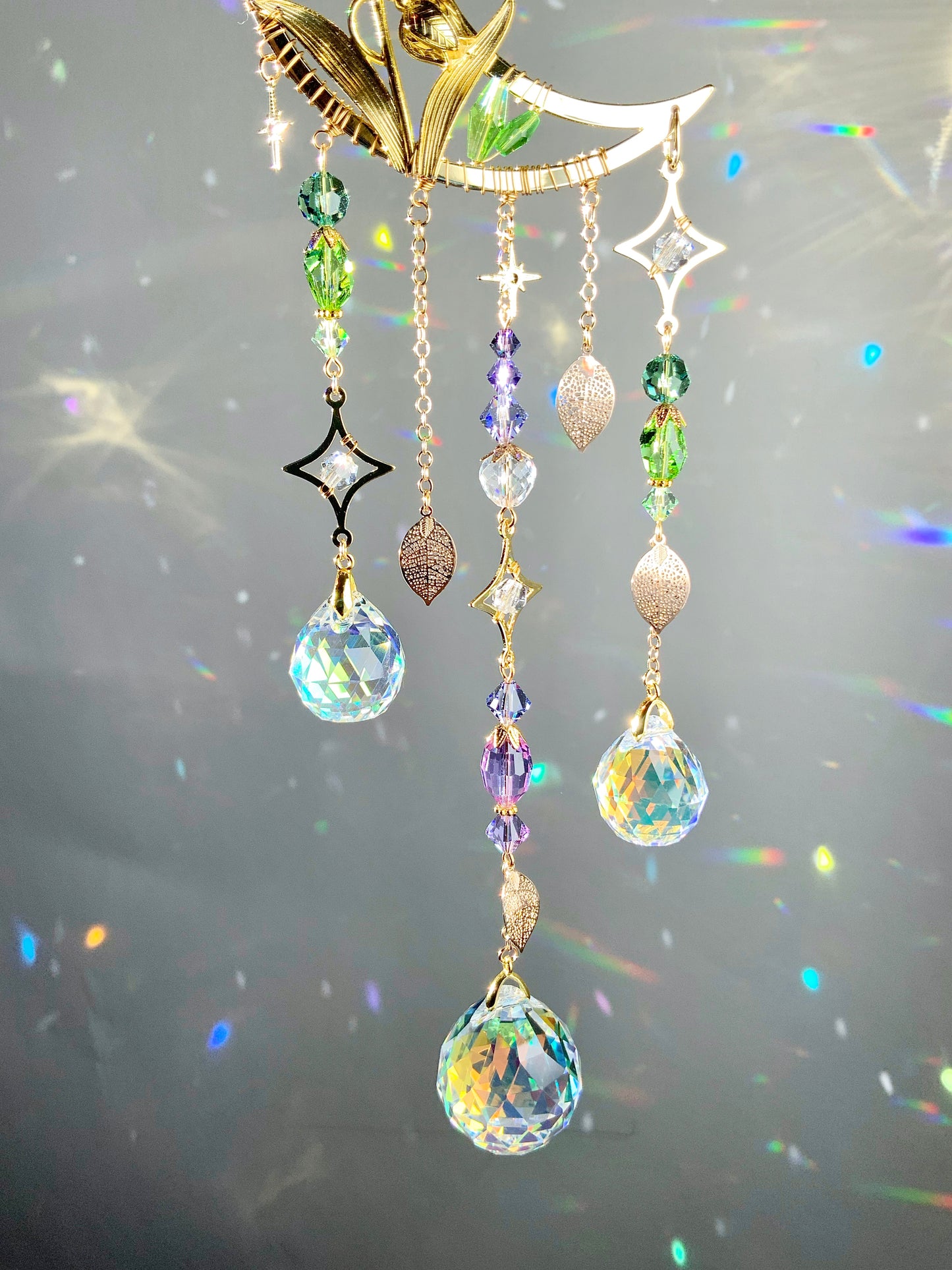 Mystic Lily of the Valley Suncatcher, 18k Gold-Plated May Birthflower Crystal Prism Moon Butterfly decor