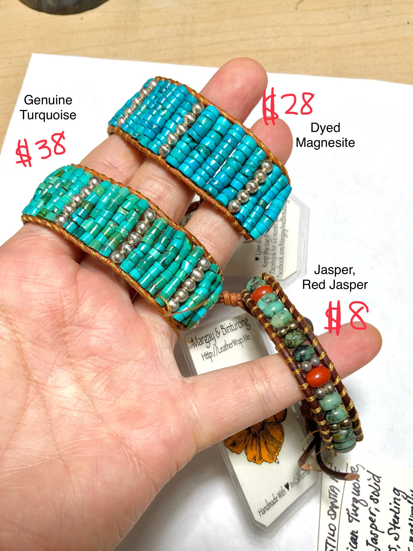 *Clearance* OG MargayB Gemstone Leatherwrap Bracelets, naturally dyed Leather made in USA