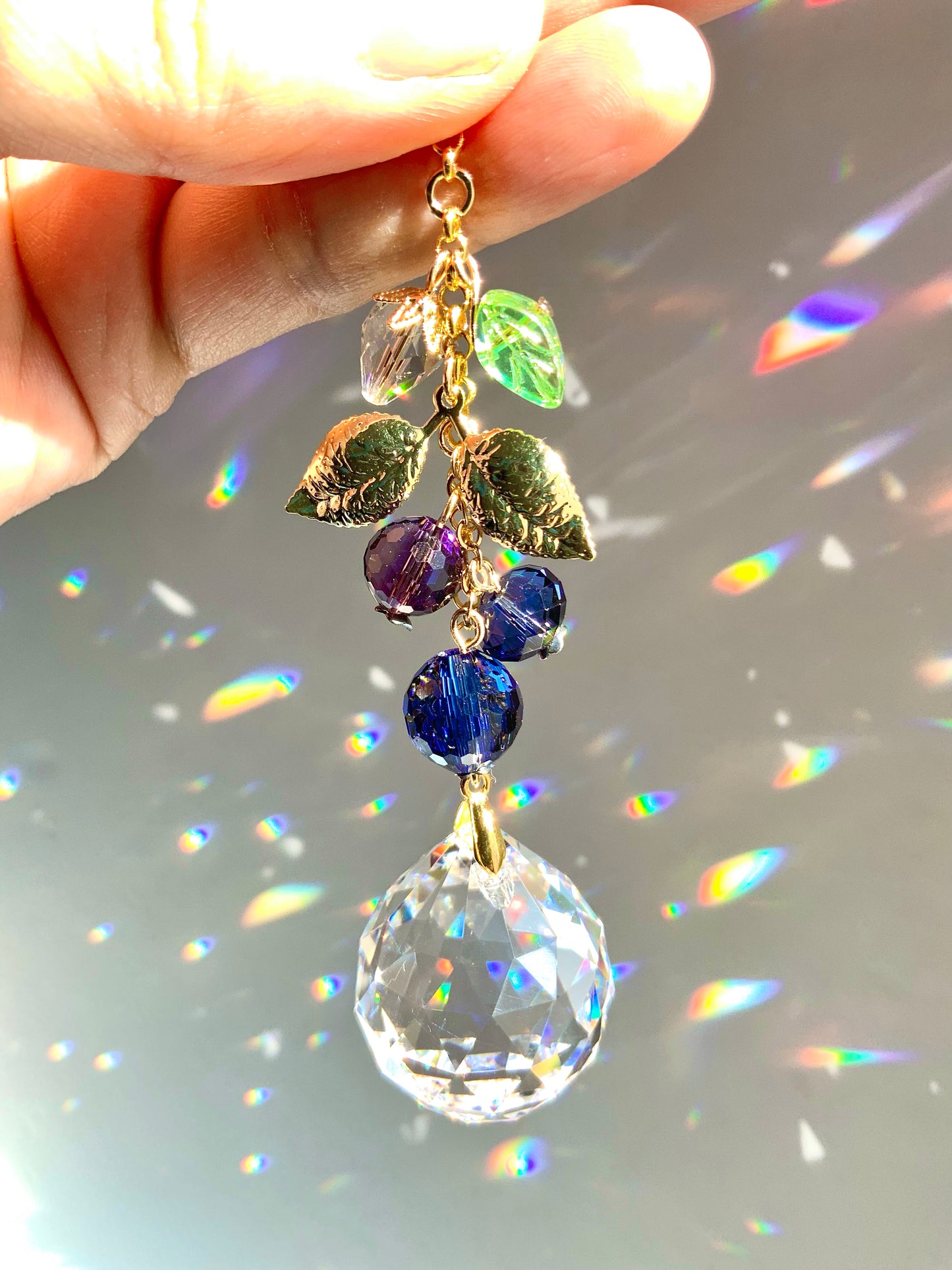 Blueberry Blossom Crystal Rear View Mirror Car Charm, 18k Gold-Plated Fruit berries decor auto decoration accessories
