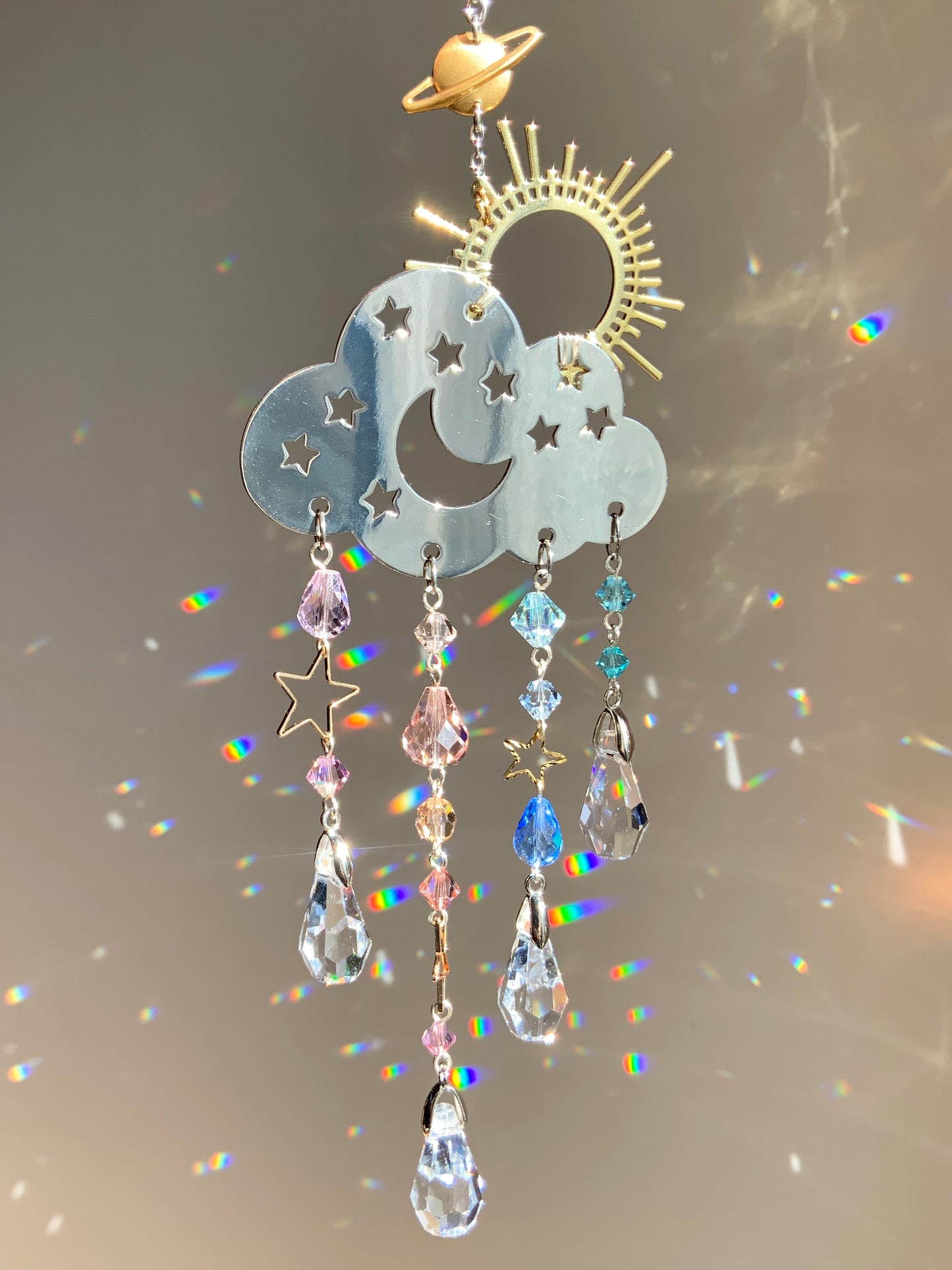 "Sunrise Mist" Rain Cloud Car Charm ~ 18k Gold-Plated Sun with ombré Crystal prism Celestial Suncatcher