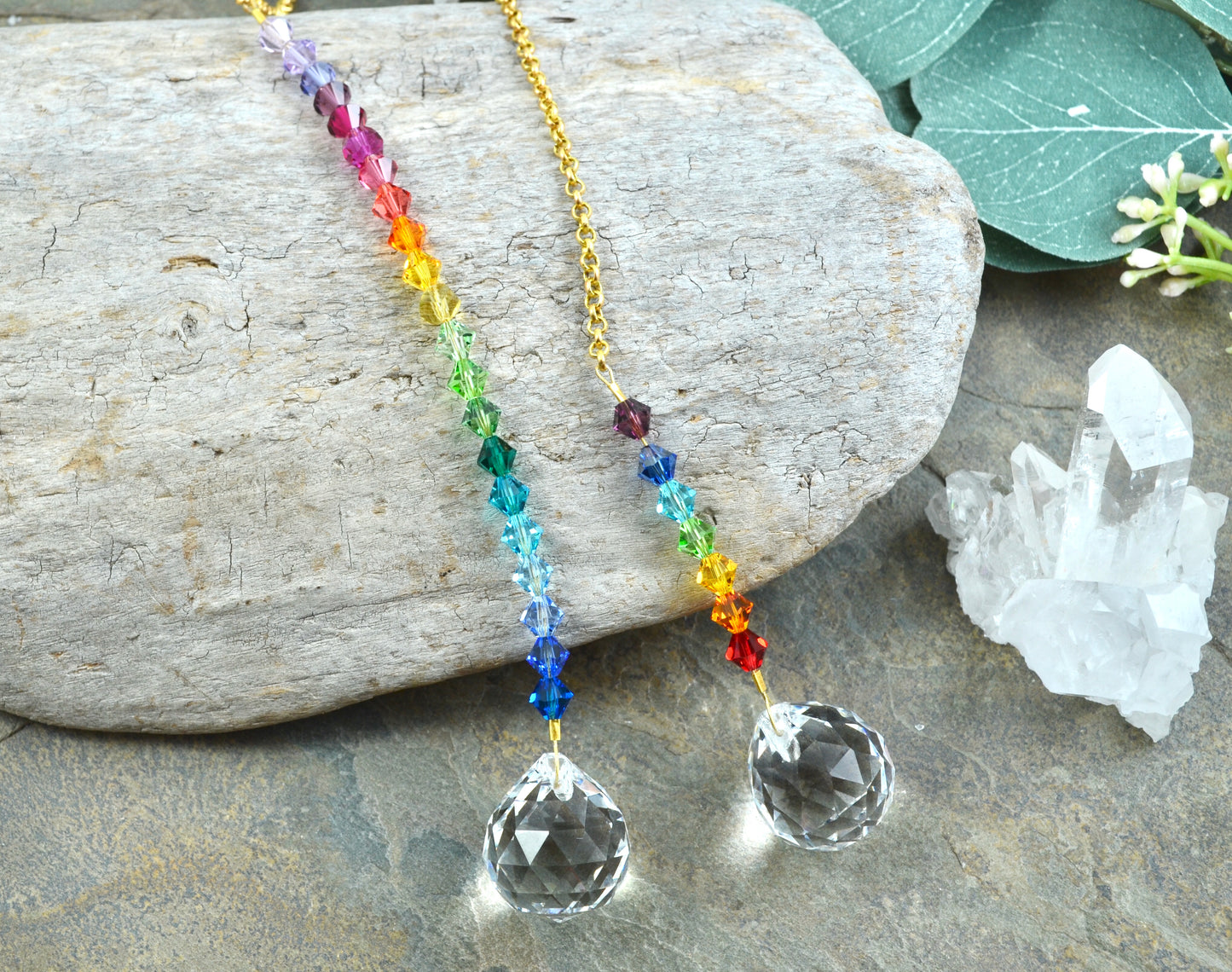 Ombre Rainbow Crystal Ball Suncatcher Window Charm, Car hanger made with prisms and Gold-plated Brass