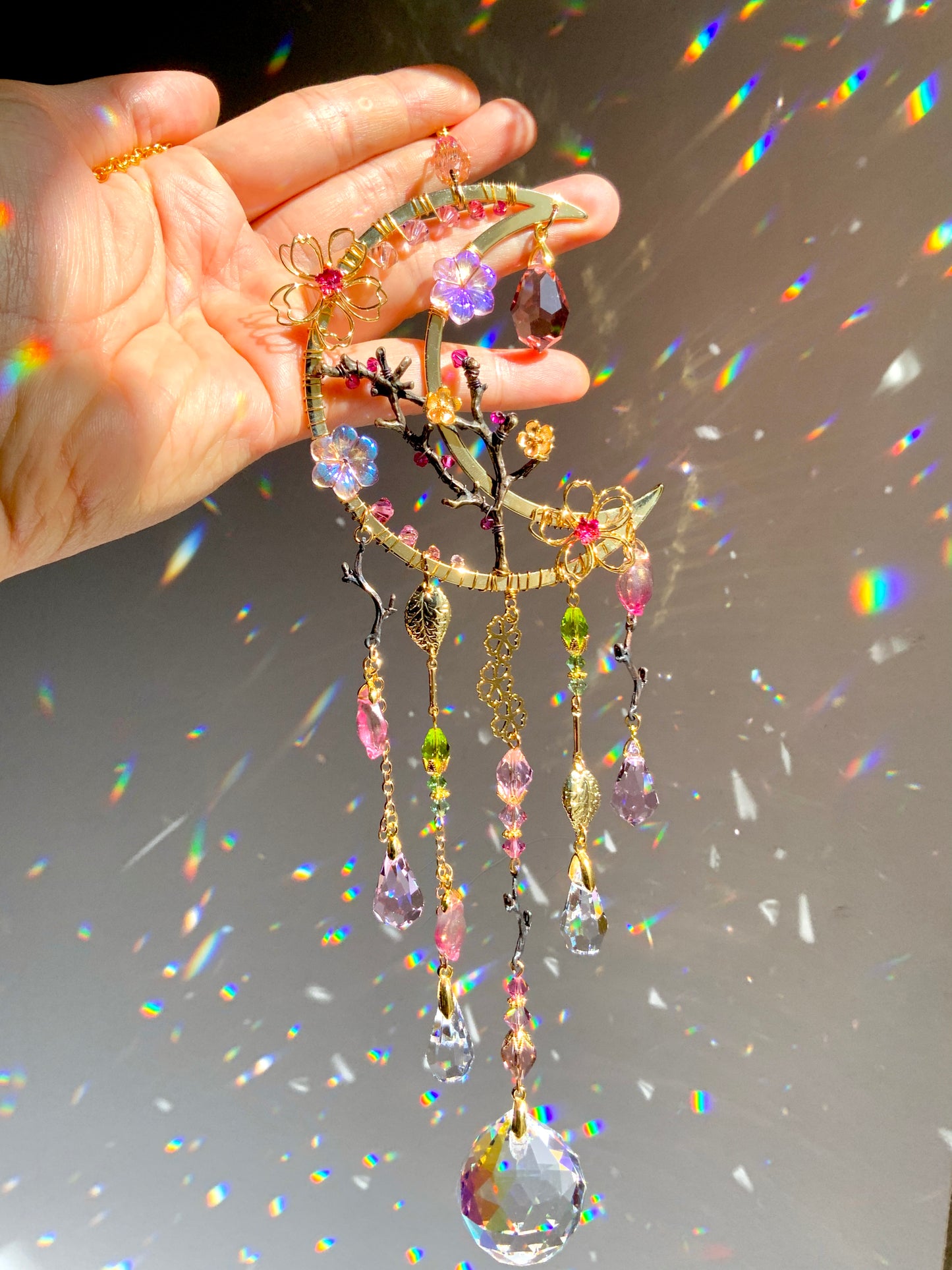 Moonlight Cherry Blossoms Mini Suncatcher ~ 18k Gold-Plated Sakura flower celestial prism room decor rainbow maker