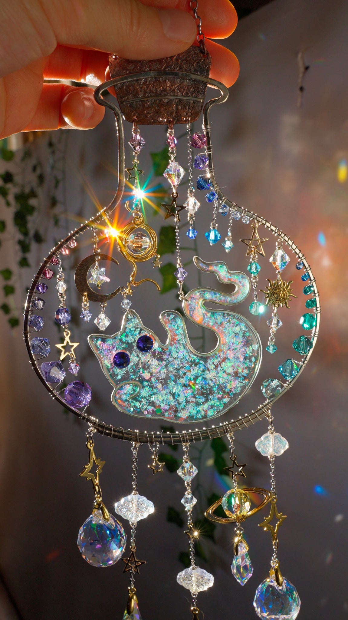 Cosmic Kitty Ghost Jar ~ Copper, German silver, 18k Gold-plated brass and Crystal celestial witchy Halloween Suncatcher